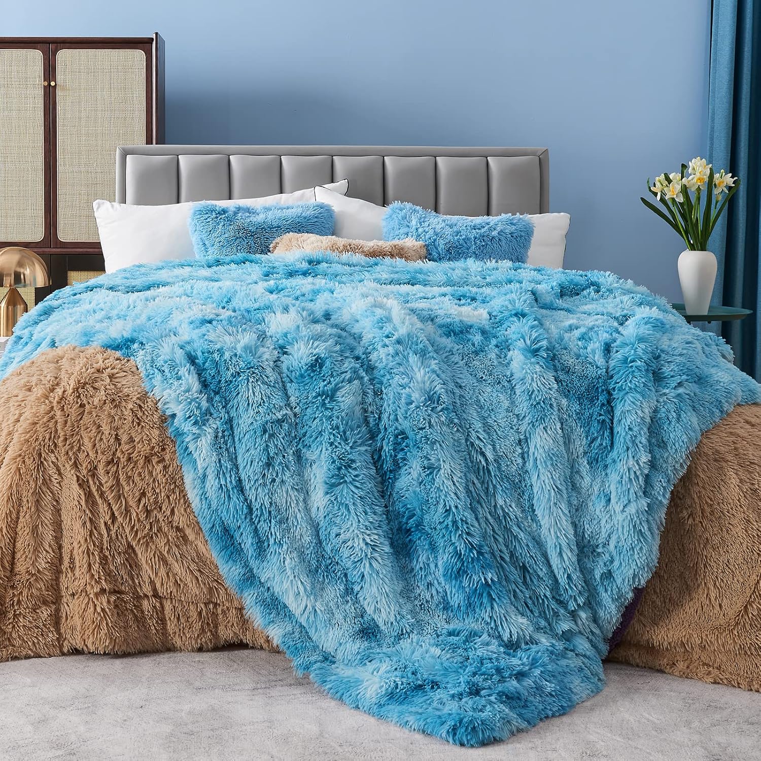 Manta decorativa Gonaap de pelo sintético, muy suave y esponjosa, de felpa y pelo largo, cómodo forro polar de microfibra reversible para silla,
