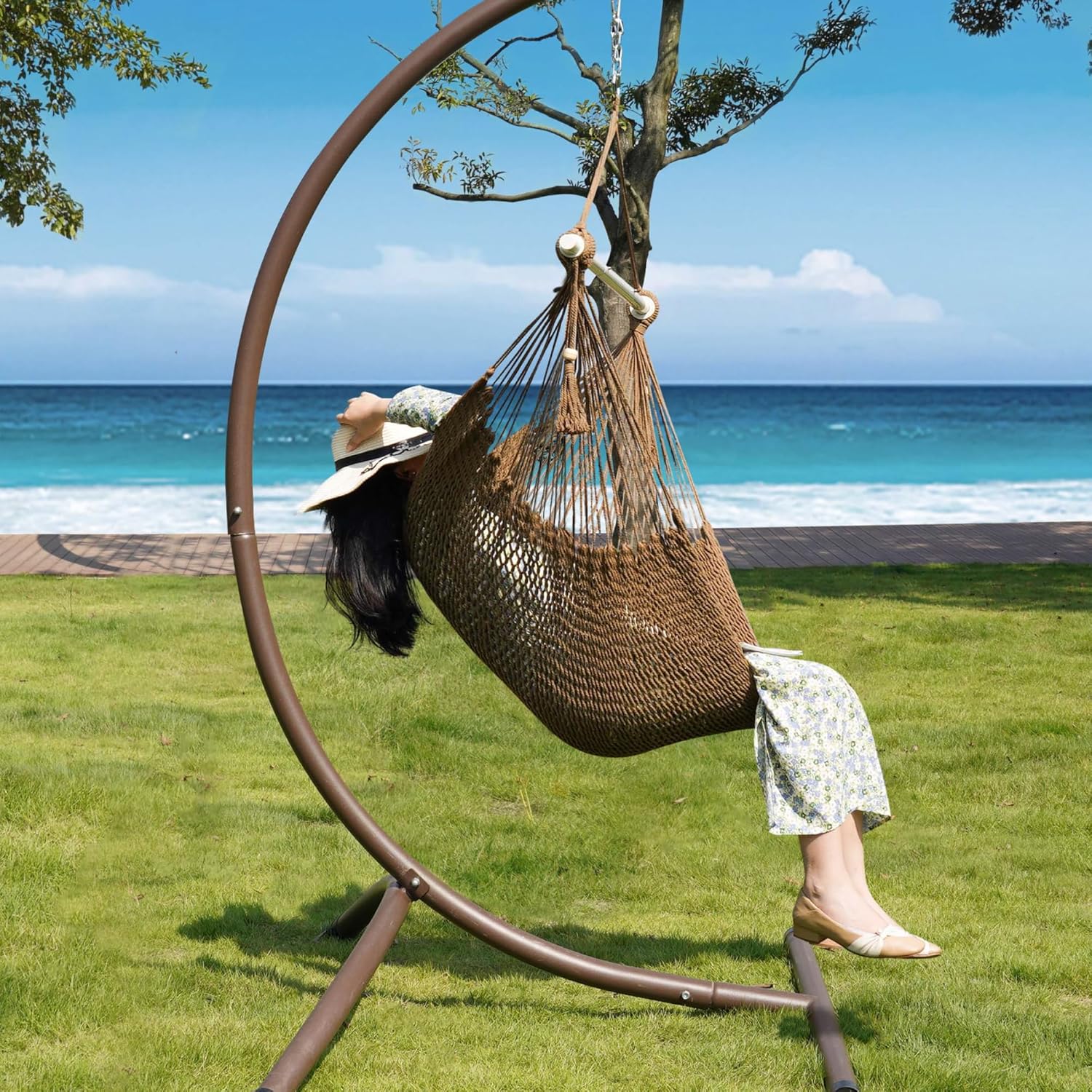Lazy Daze – Silla tipo hamaca estilo caribeño silla columpio de cuerda colgante caribeña, barra separadora de acero extraíble de 40 pulgadas con