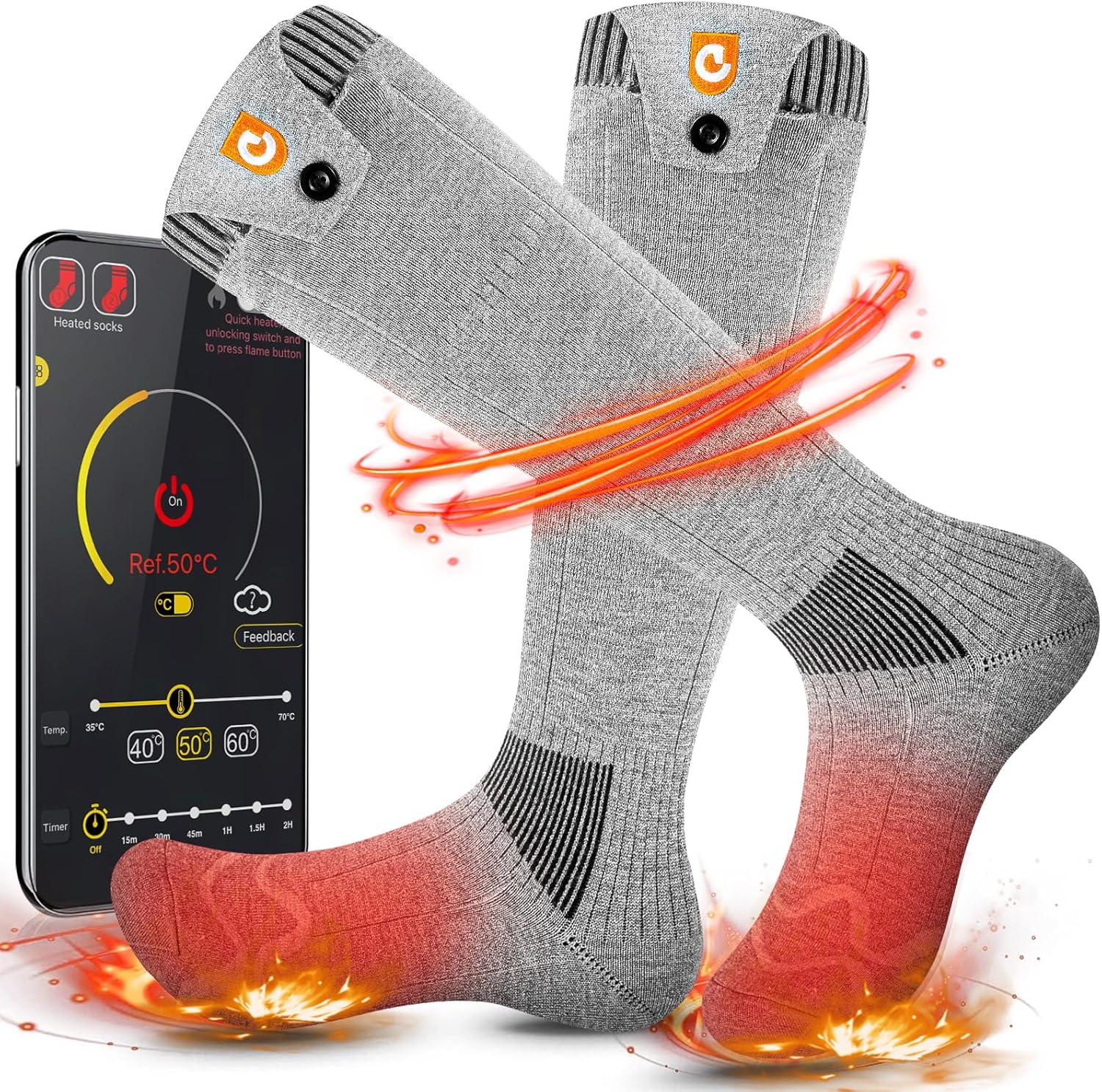 Calcetines térmicos para hombres y mujeres, 5000 mAh con control de aplicación, calcetines calentados por batería, recargables y lavables,