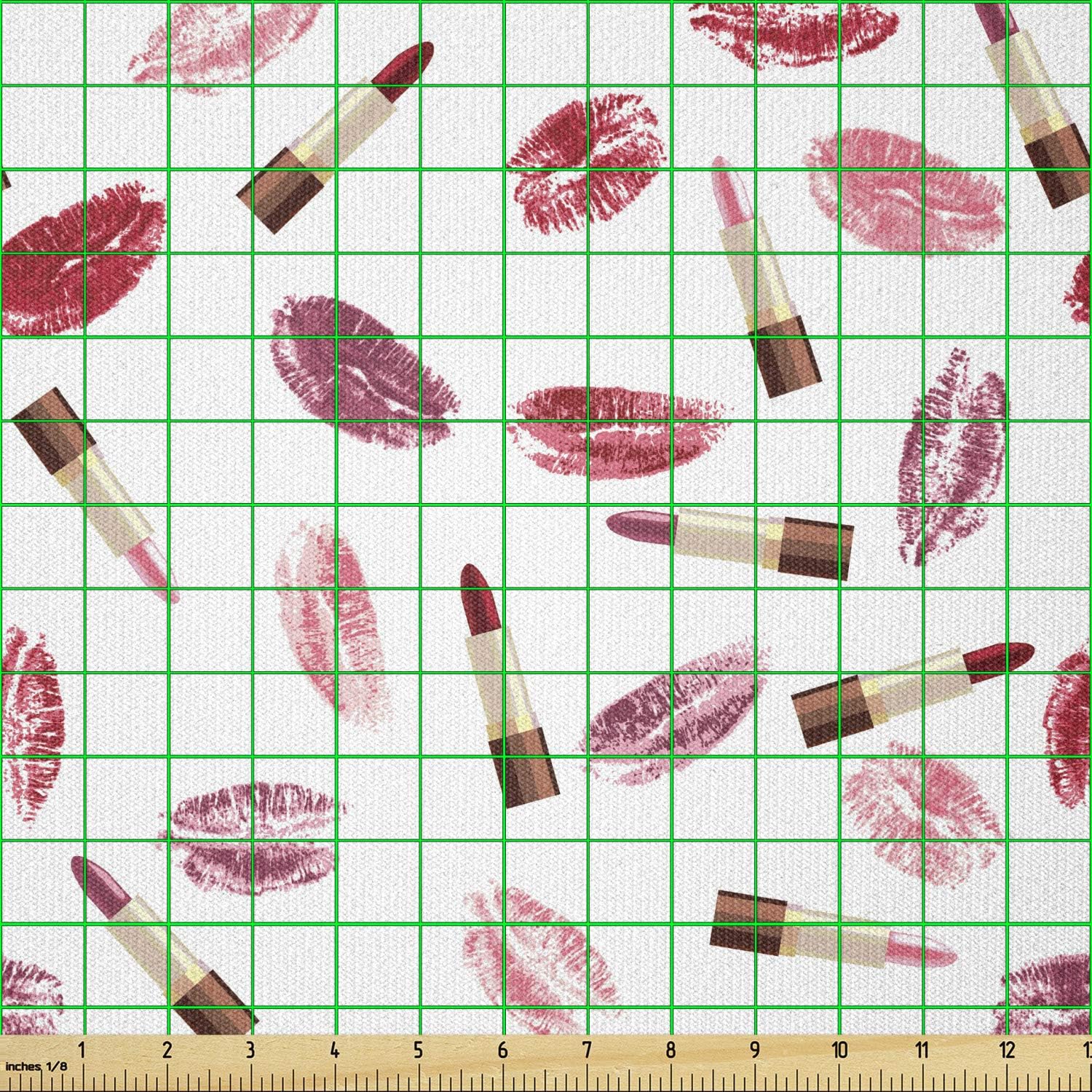 Ambesonne The Yard, tela de cosméticos de The Yard, lápiz labial rosa y burdeos y patrón de beso, concepto de maquillaje, tela de punto elástico