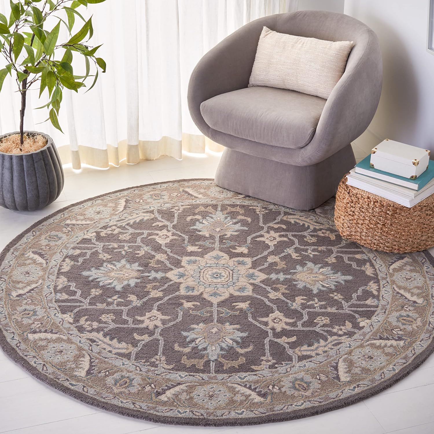 SAFAVIEH Blossom Collection BLM217A – Alfombra redonda de lana hecha a mano color gris oscuro y marrón claro de 6 pies