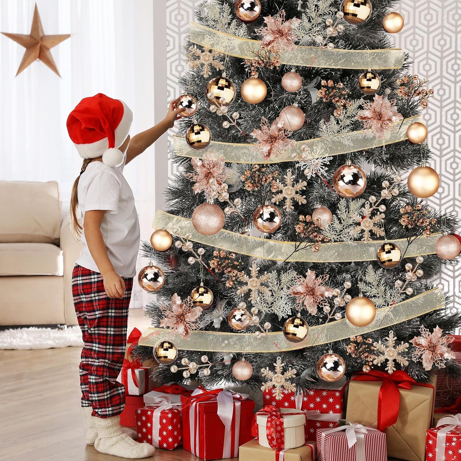 Juego de decoración para árbol de Navidad de 94 piezas, adornos, flores, bayas, tallos, para decoración navideña (dorado champán)