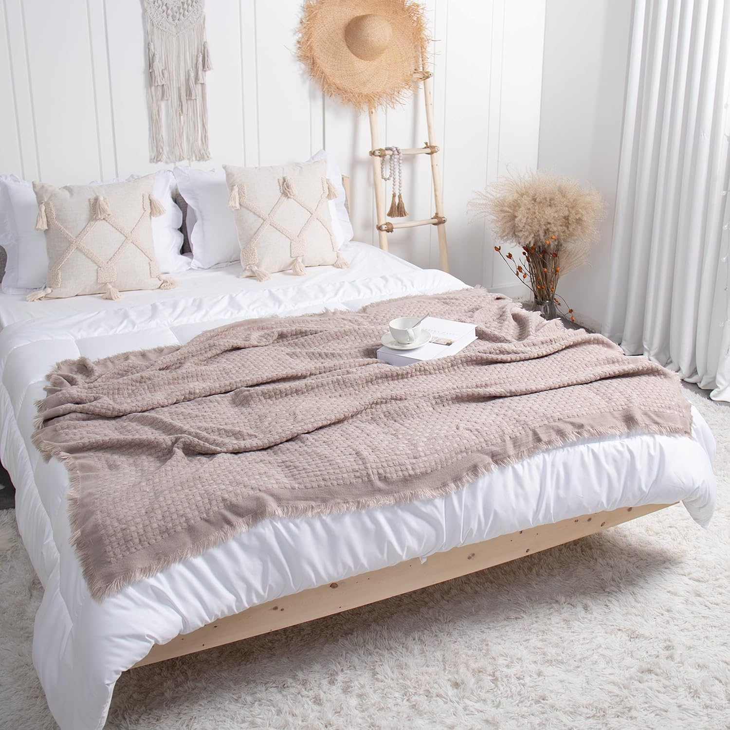 LIFEIN Manta para sofá, manta tejida de punto, 50 x 60 in, suave, acogedora y ligera, con textura decorativa de acrílico con borlas para cama, sofá,