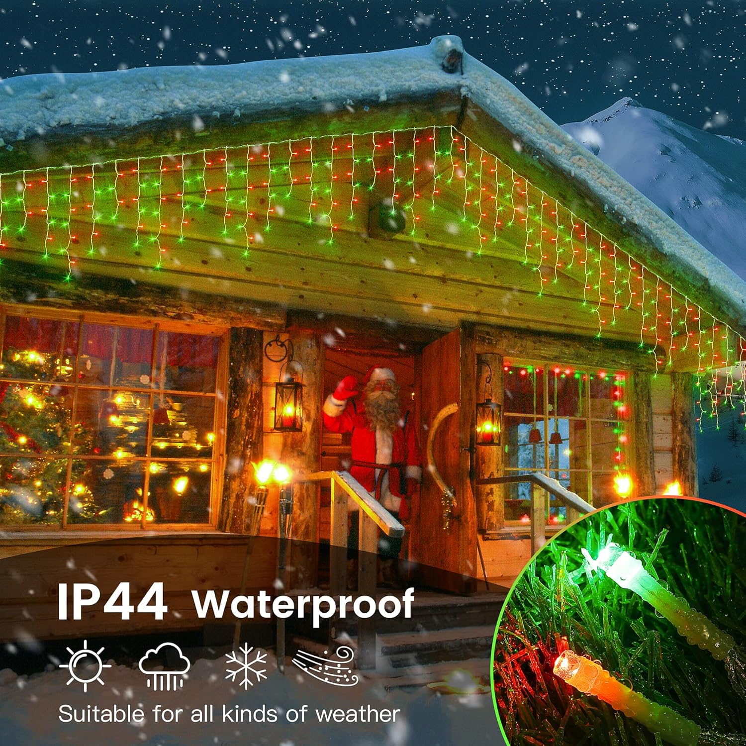Hopolon Luces LED de carámbano de Navidad de 33 pies, 360 L, impermeables, 8 modos de iluminación, con 60 gotas, luces de Navidad para bodas,