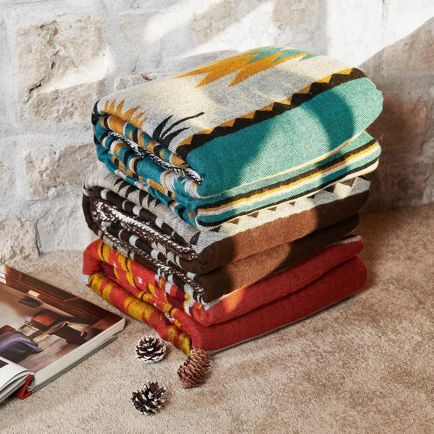 Manta cálida, color marrón, ultra suave, con patrón bohemio, sherpa, para respaldo de sofá, cama, manta ligera y acogedora para sofá y cama, de 60 x