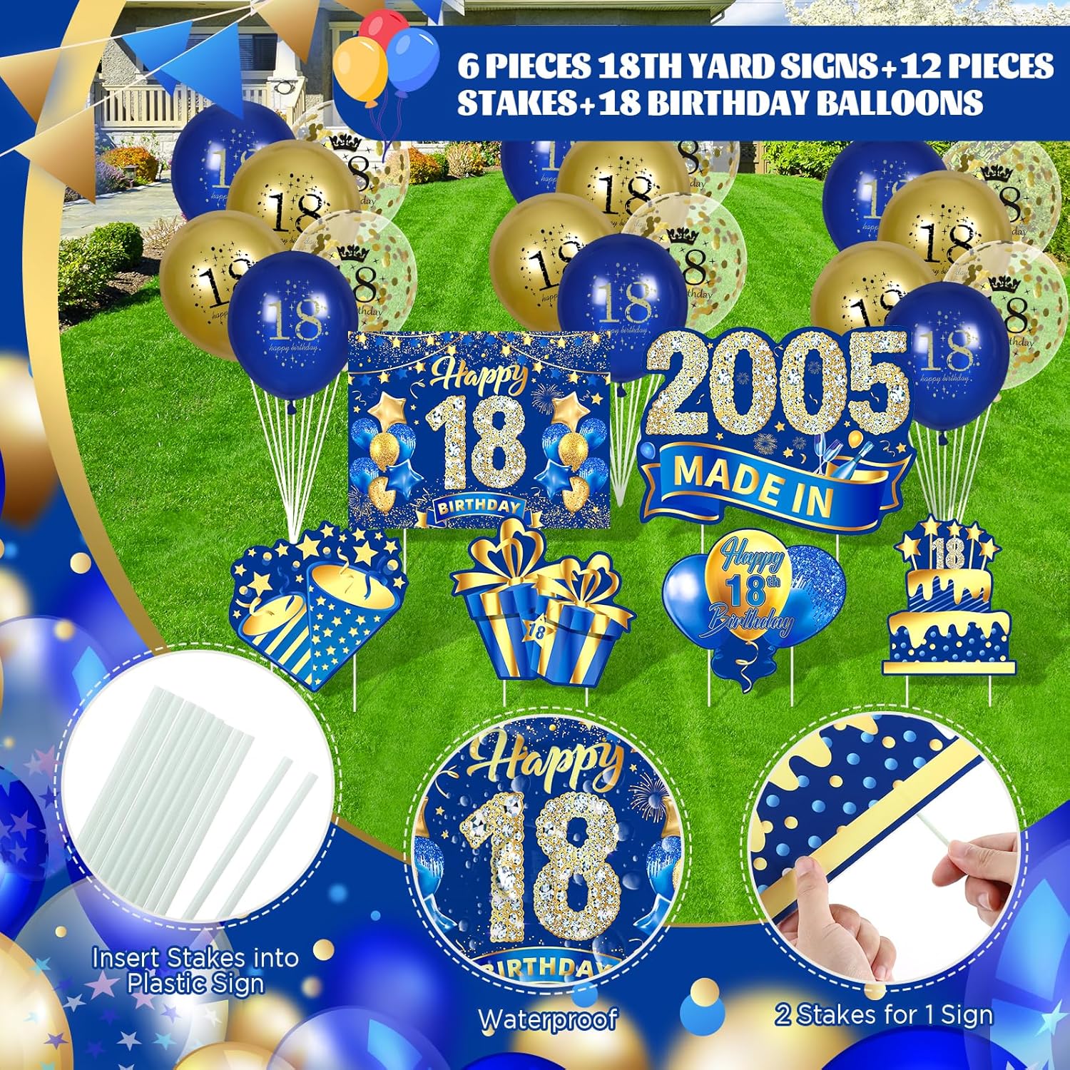 Decoraciones azules de cumpleaños número 18 para niños y niñas, 6 unidades, azul marino, dorado, feliz cumpleaños 18 con estacas y 18 globos de