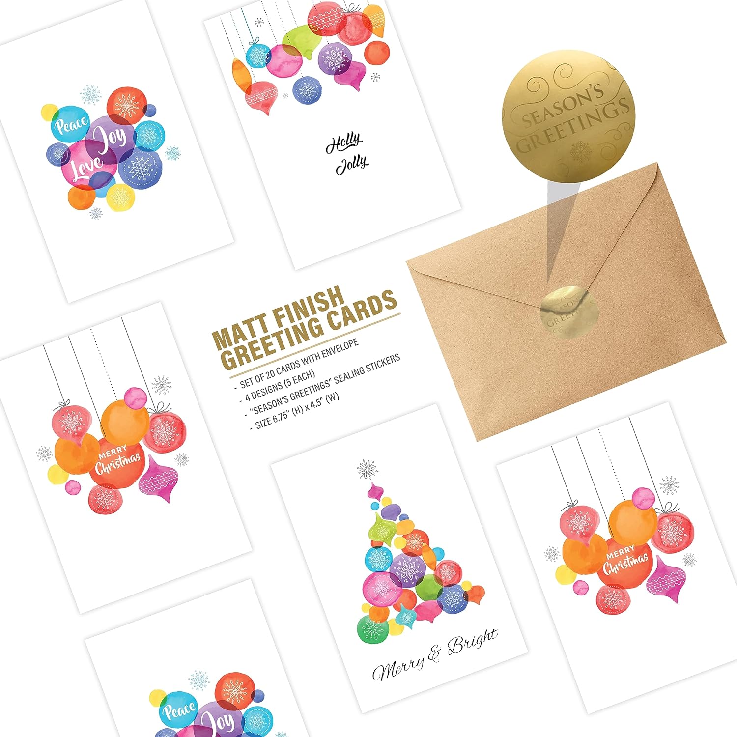 easykart labels Surtido de 20 tarjetas de Navidad con sobres y calcomanías de sellado, 4 temas coloridos de vacaciones y Navidad, 6.75 x 4.5
