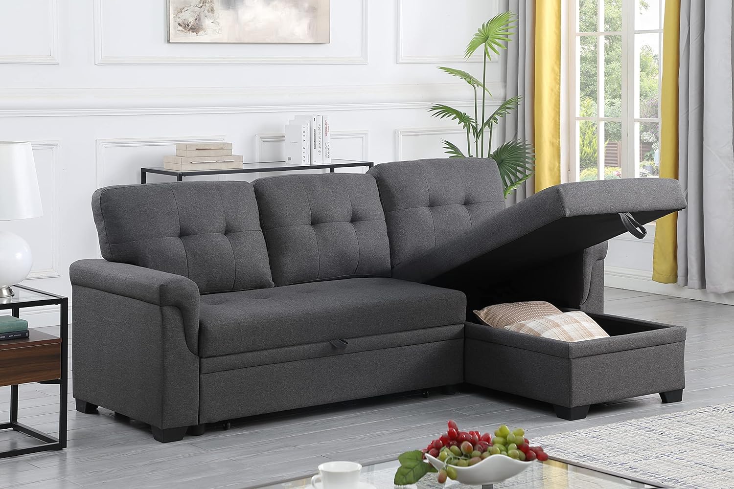 Sofá cama modular convertible en forma de L de 84 pulgadas, sofá esquinero reversible tapizado en lino, con diván de almacenamiento y cama