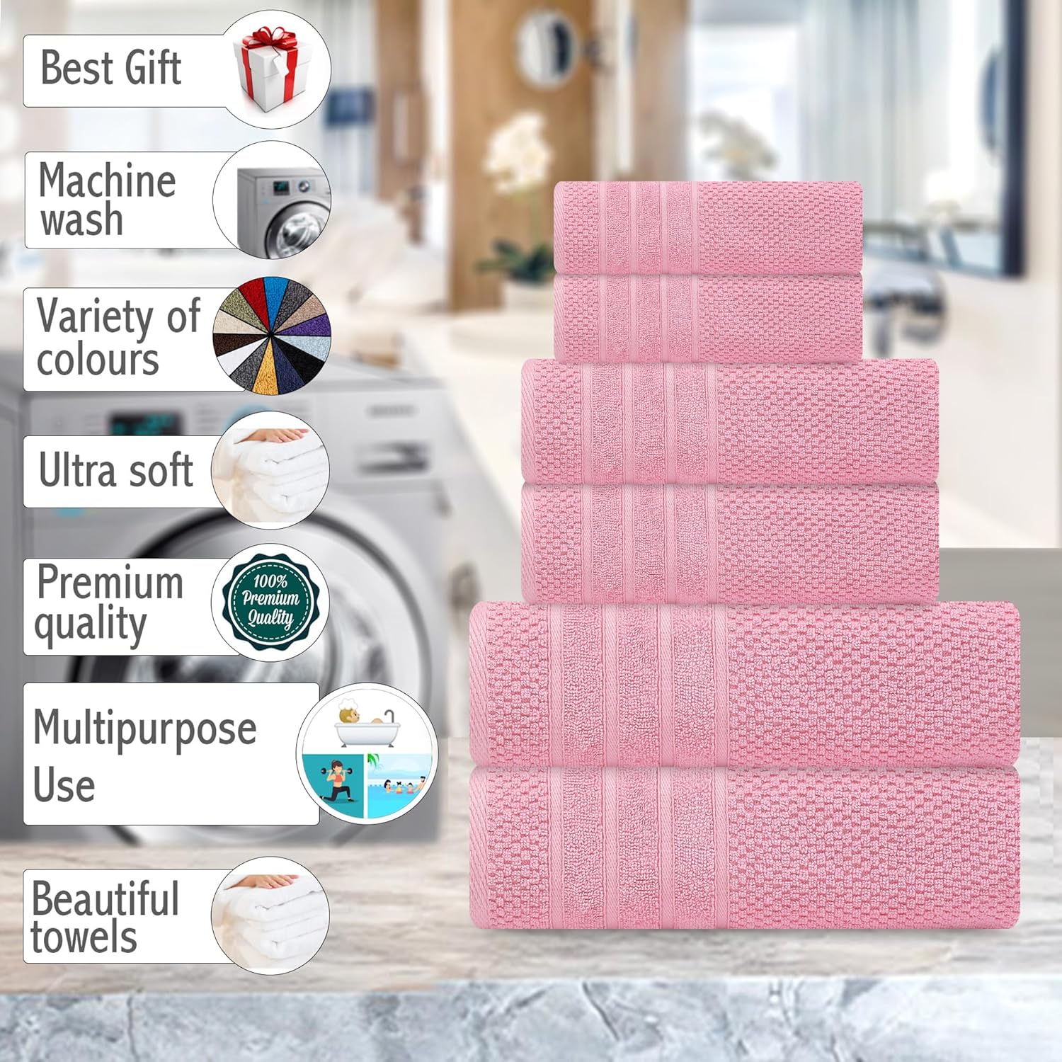 Juego de toallas de baño, 100% algodón, 2 toallas de baño, 2 toallas de mano y 2 toallas pequeñas, de secado rápido, absorbentes, suaves y