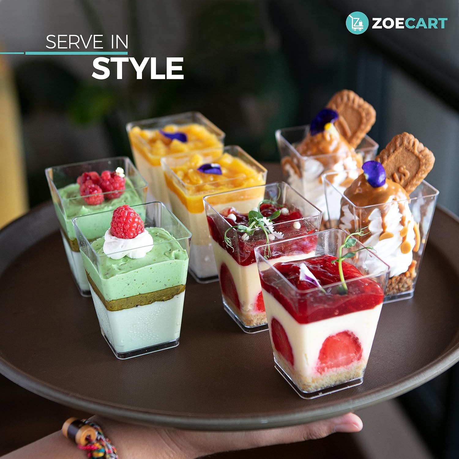 Paquete de 100 tazas y cucharas de postre de plástico de 5 onzas, tazas de parfait transparentes, mini tazas de postre con cucharas, tazas cuadradas