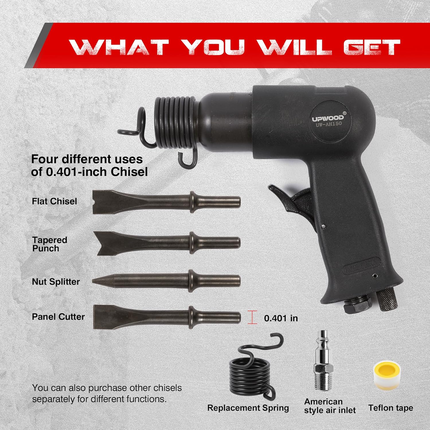UW-AH150 Kit de martillo neumático de barril corto con retenedor de cambio rápido y 4 cinceles, carrera de 1-58 pulgadas, 4500 BPM, peso ligero