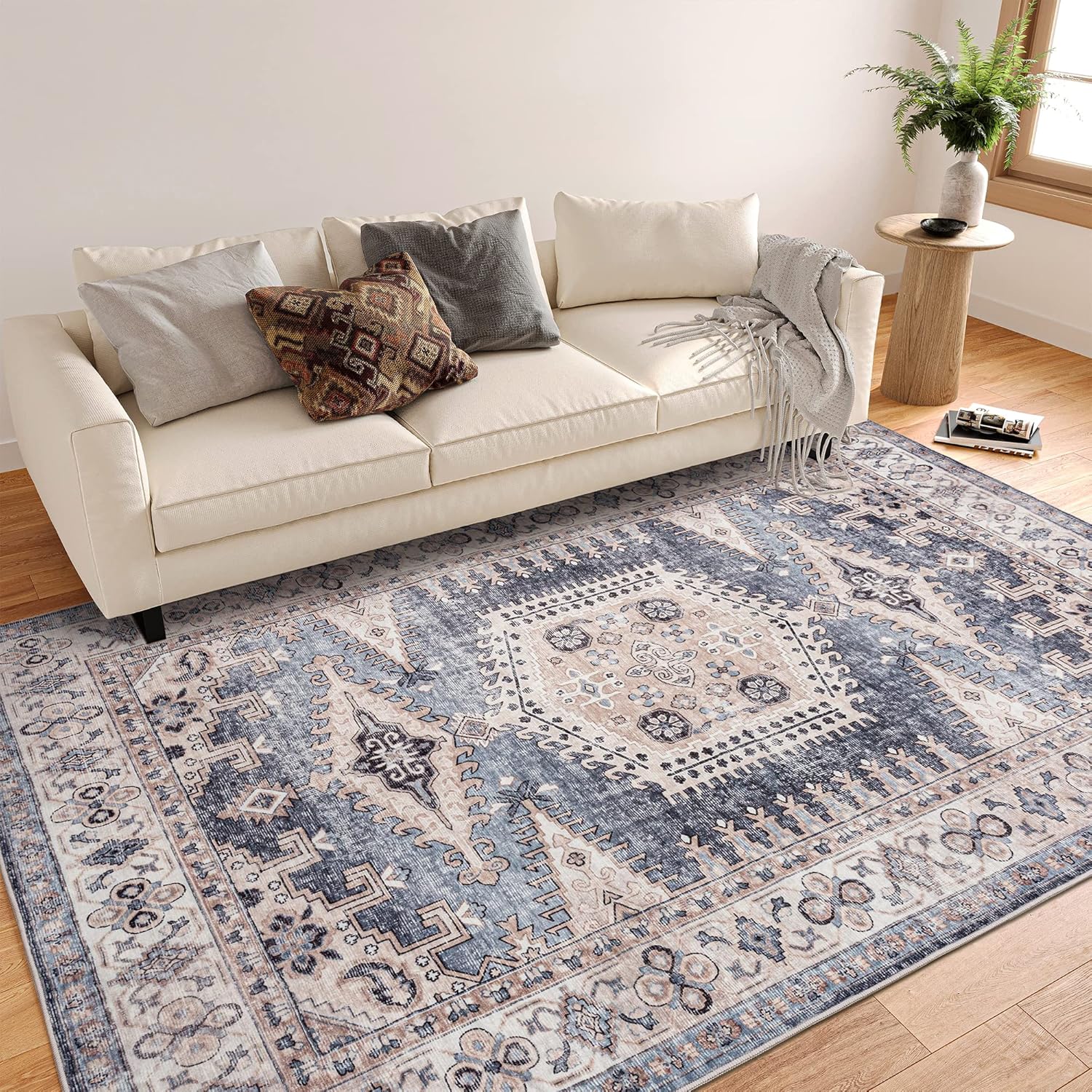 Valenrug Tapete tribal lavable a máquina, 4 x 6 pies, medallón envejecido, color azulbeige