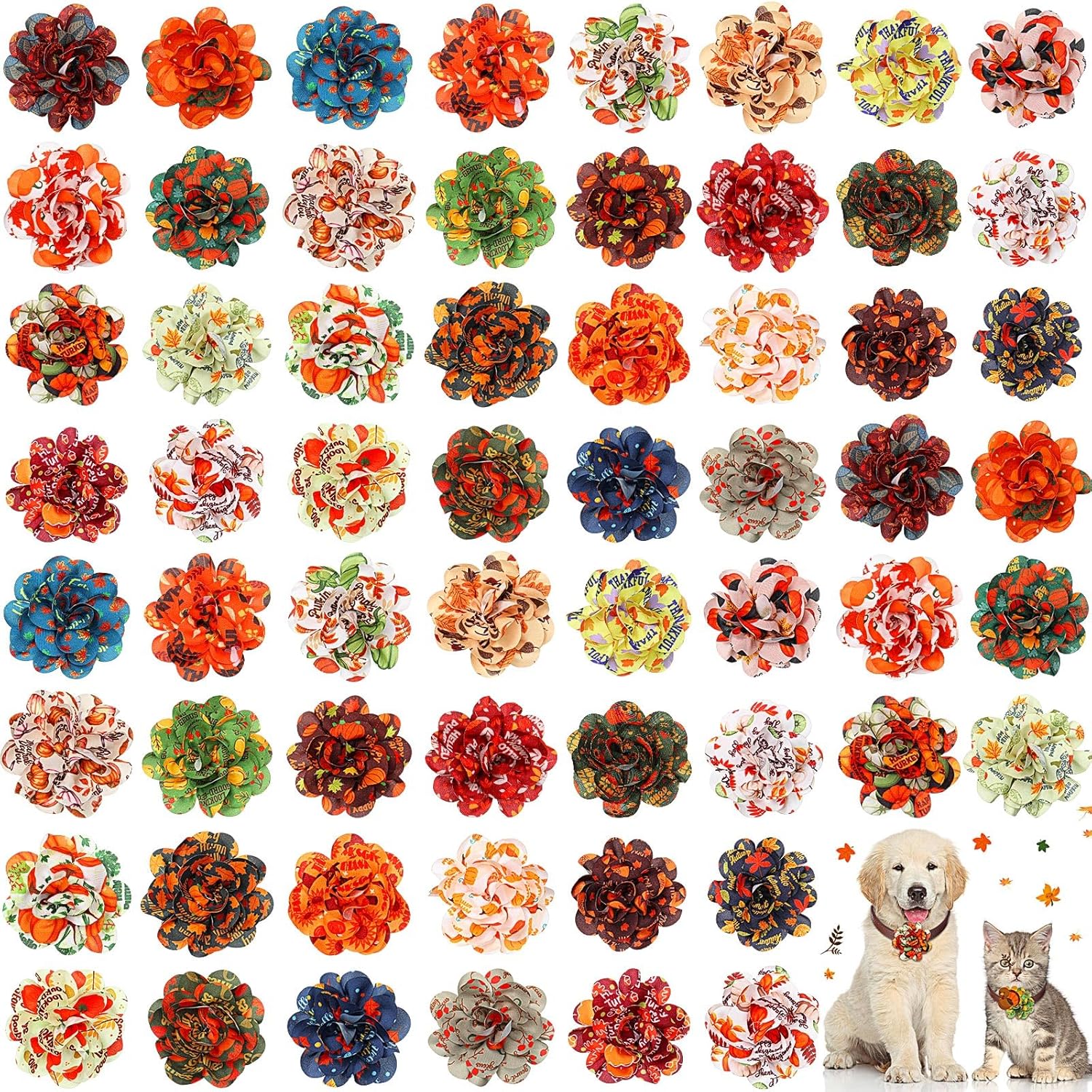 60 piezas de collar de otoño para perro, flores a granel, collar de flores de Acción de Gracias, corbatines, accesorios para perros de vacaciones,