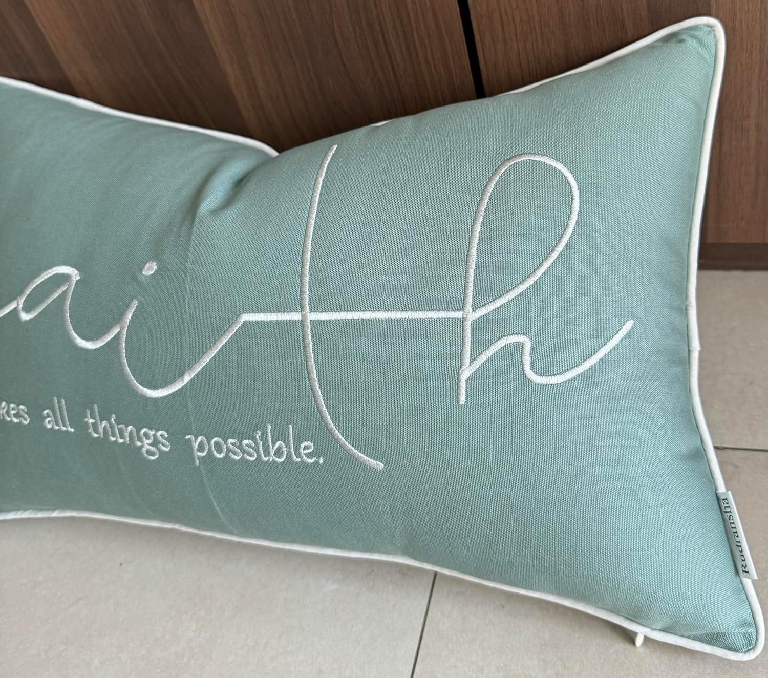 Rudransha Faith Sentiment – Funda de almohada decorativa bordada, decoración para el nuevo hogar, sofá, silla, 12 x 20 pulgadas, color verde azulado