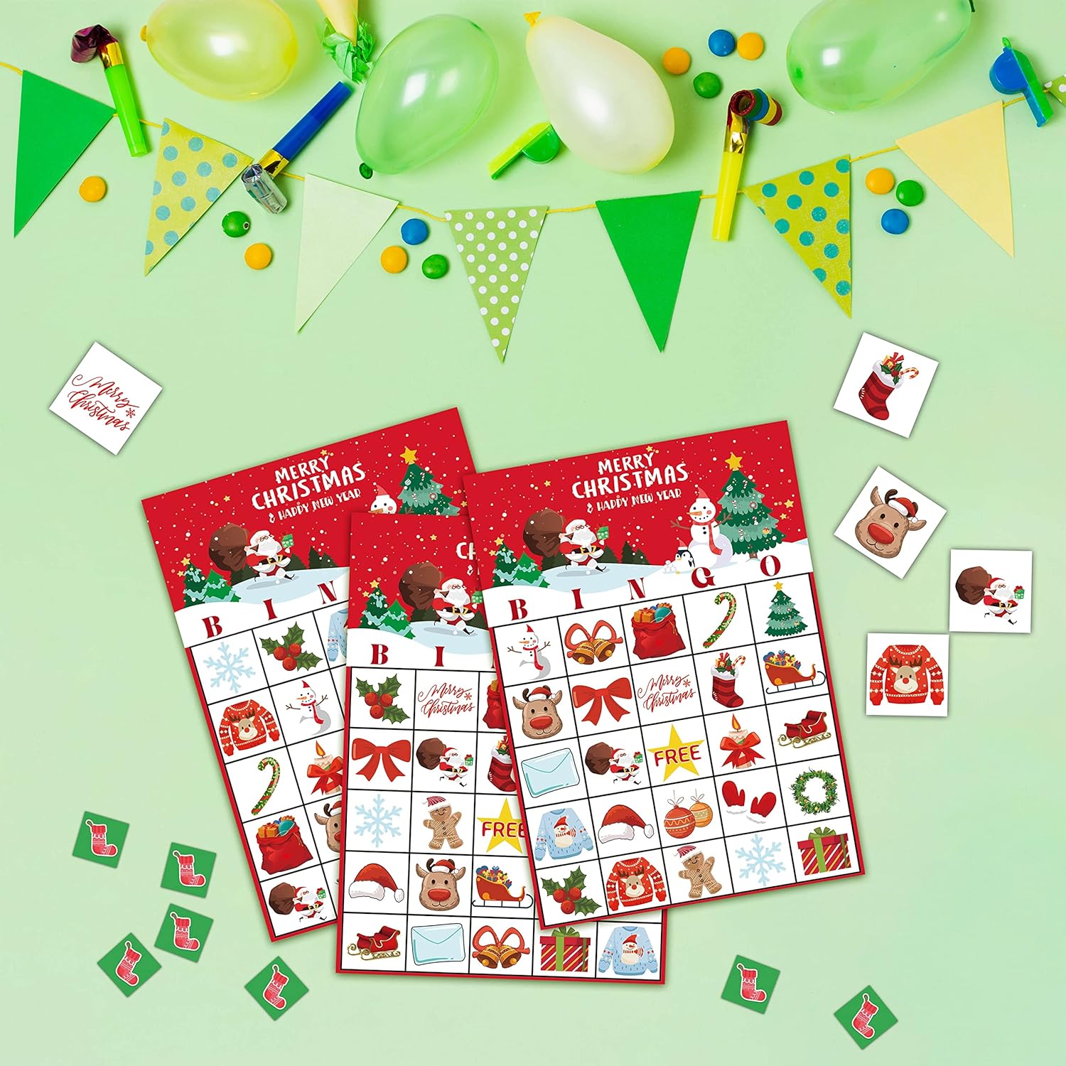 Juego de bingo de Navidad, juegos de fiesta temática de Feliz Navidad con 24 jugadores, actividades de suministros de vacaciones de invierno,