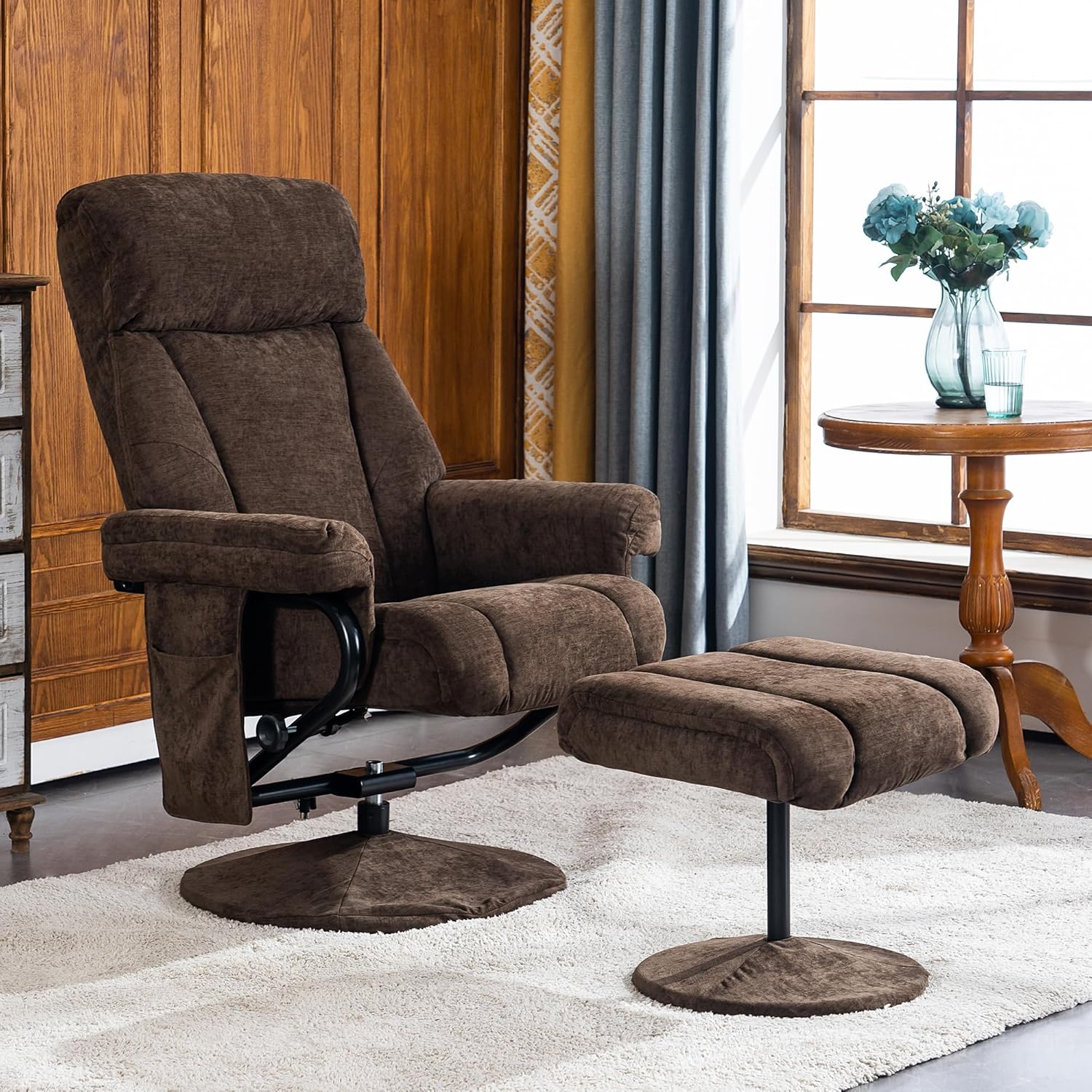 MCombo Sillón reclinable con otomana, silla reclinable con masaje, sillas reclinables giratorias de tela de felpilla para sala de estar 4828 (marrón)