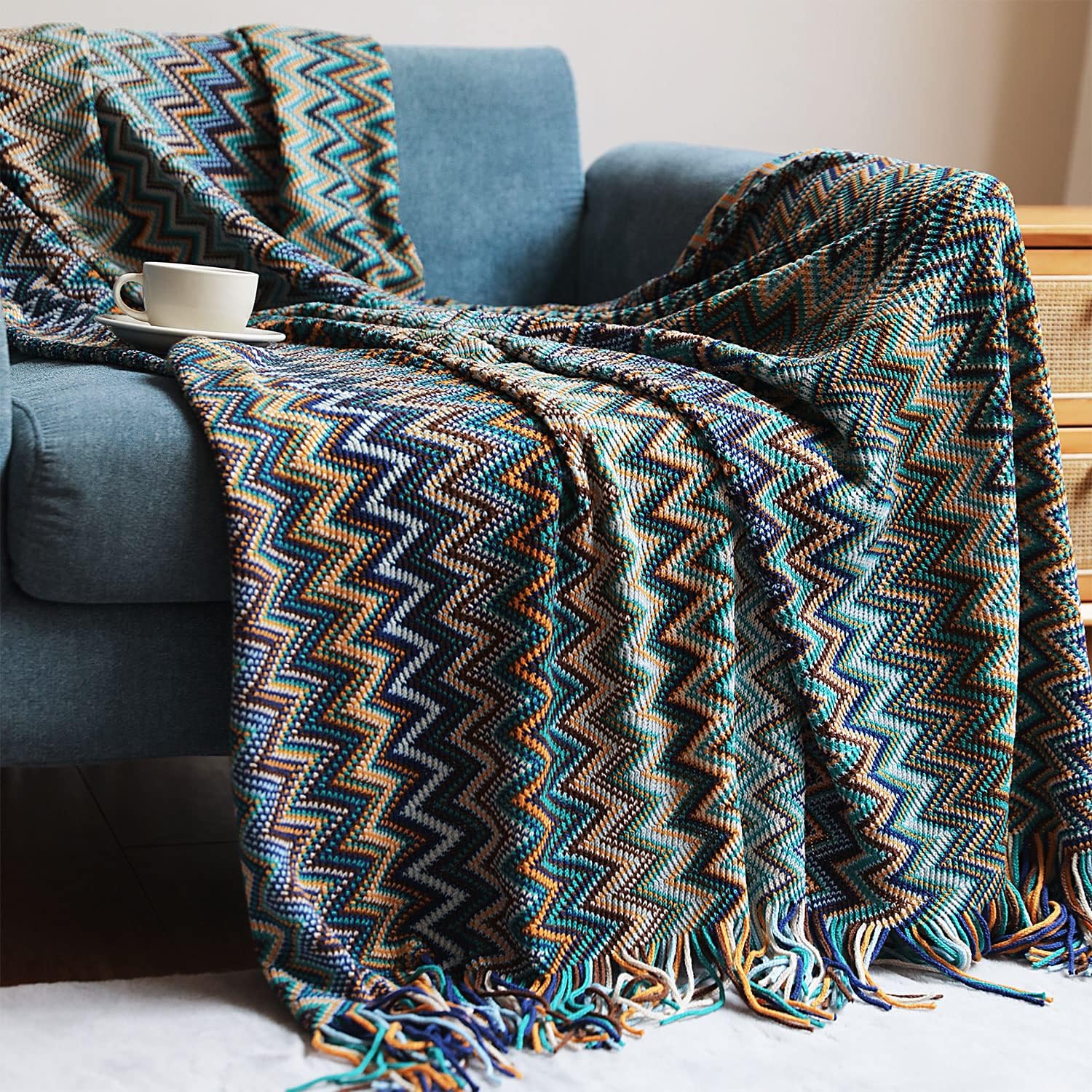 Manta bohemia de punto con borlas, para exteriores, reversible, suave, acogedora, ligera, para sofá o cama, para todas las estaciones, color azul,