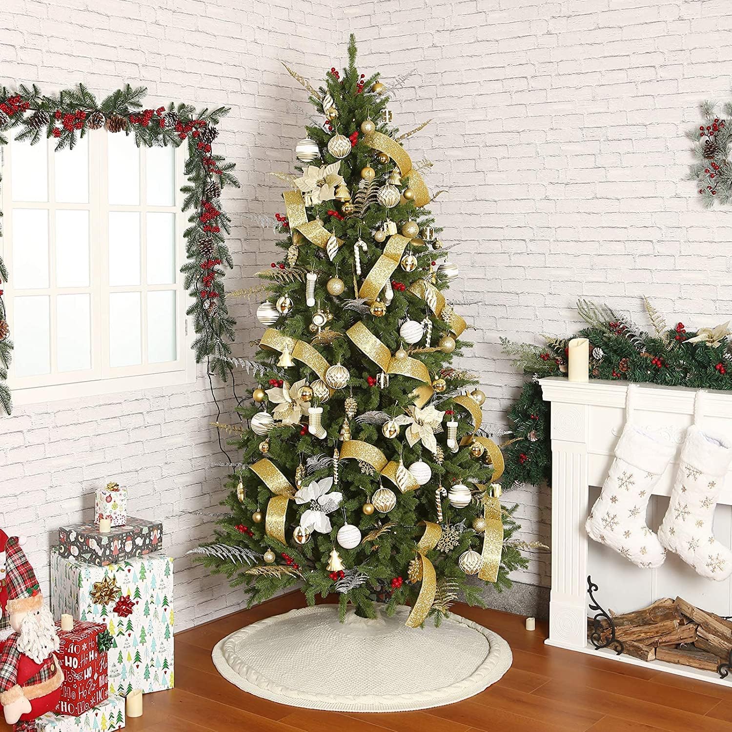 Sattiyrch Faldón de punto para árbol de Navidad, decoración rústica gruesa para árbol de Navidad (crema, 36 pulgadas)