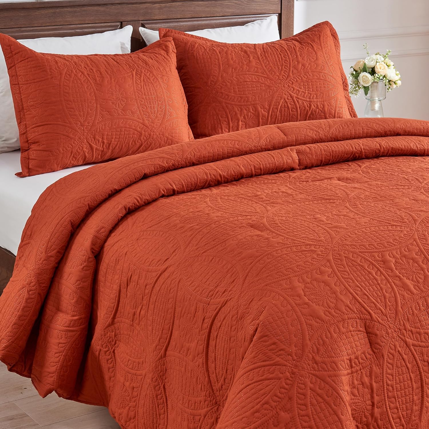 YOZEN Juego de edredón de tamaño matrimonial, color naranja quemado, juego de ropa de cama bohemio de medallón de terracota sólido de 3 piezas,