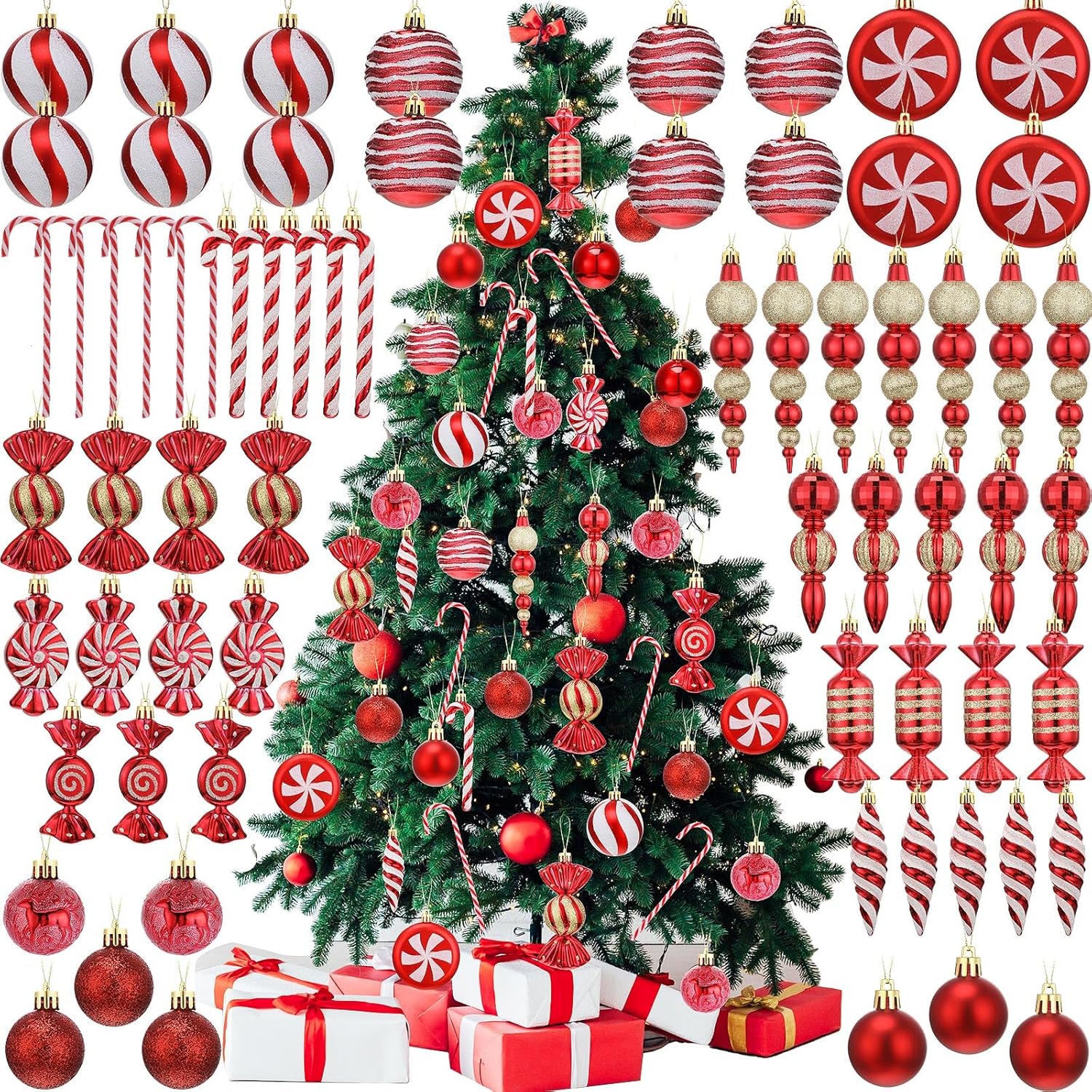 Sumind Juego de 130 adornos rojos y blancos para árbol de Navidad, caramelo de Navidad, adornos de piruleta de caramelo para decoración de árbol de