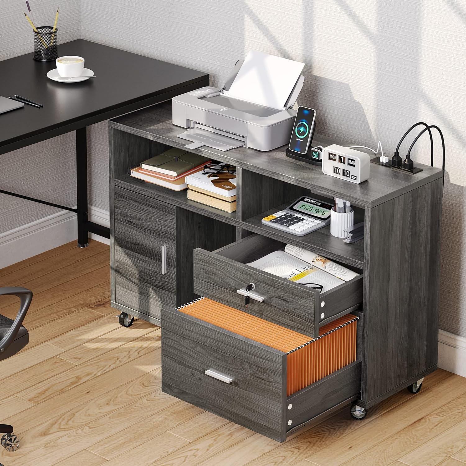 YITAHOME Archivador lateral de madera, gabinete de almacenamiento móvil de 2 cajones, compatible con A4, letra y legal, soporte de impresora con