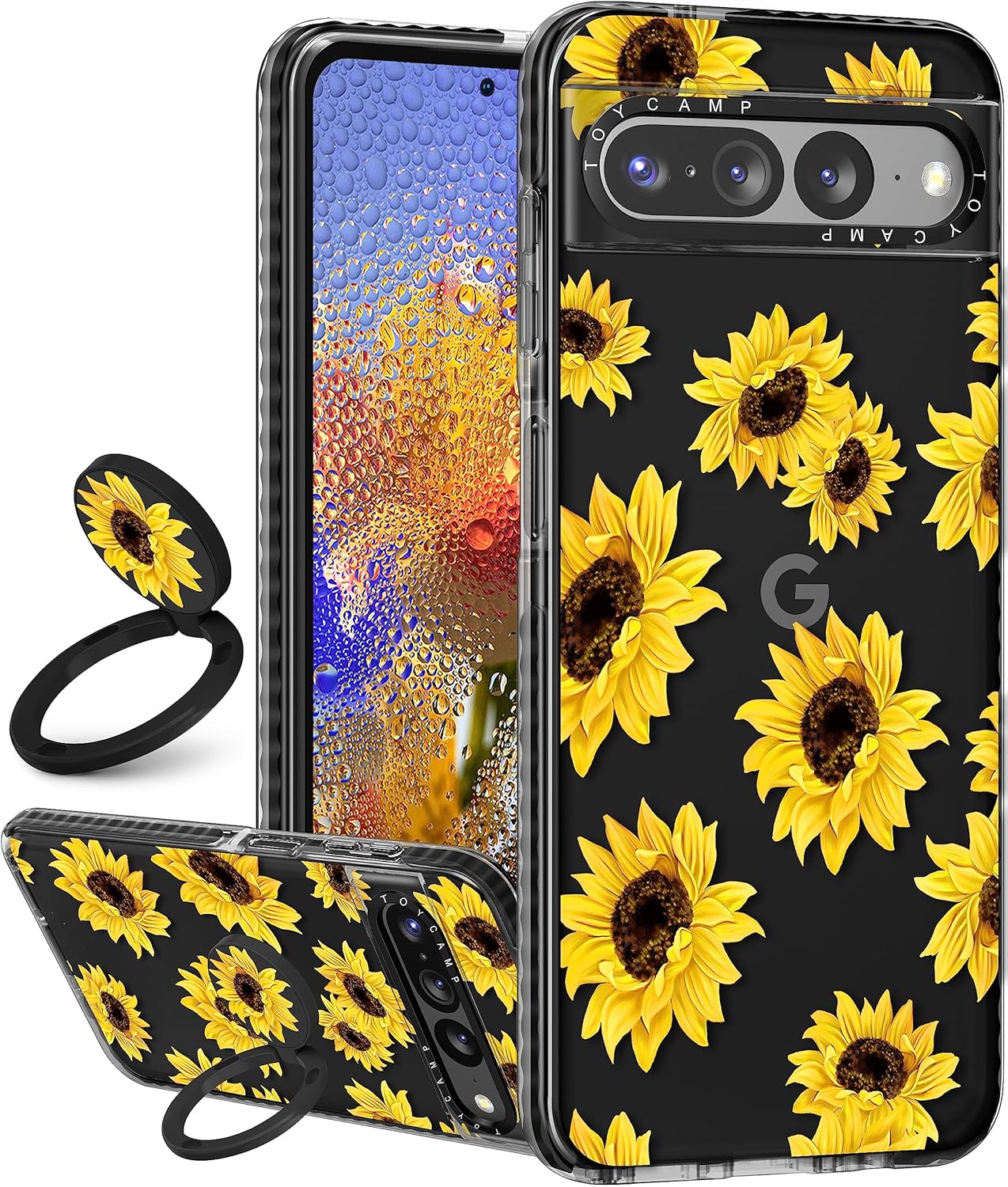 Toycamp Funda para Pixel 7 Pro con soporte para anillos, bonita funda retro de diseño floral de girasol de dibujos animados, a prueba de golpes para