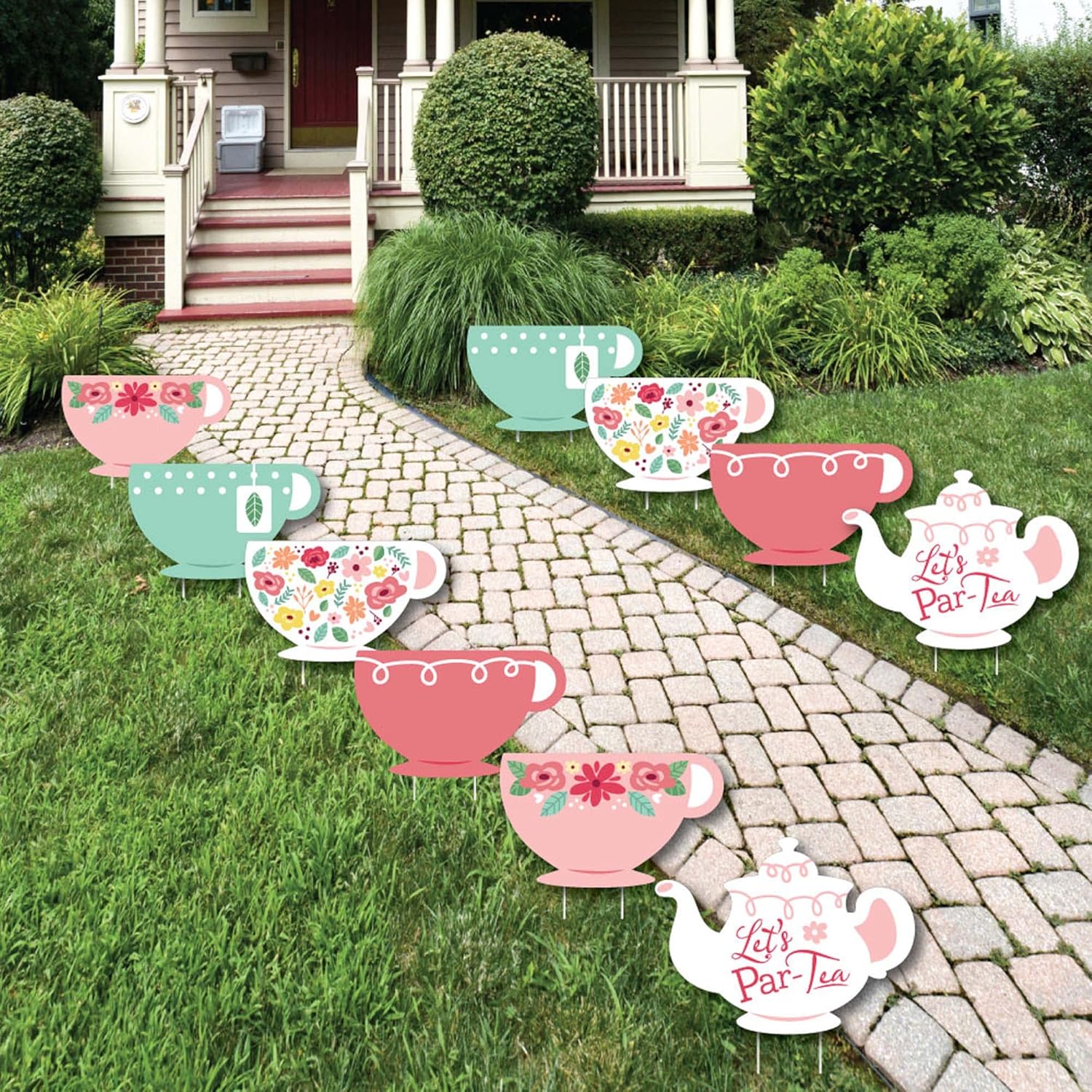 Big Dot of Happiness Floral Let’s Par-Tea – Decoración de césped para tetera y taza de té, decoración de jardín al aire libre para fiesta de té y