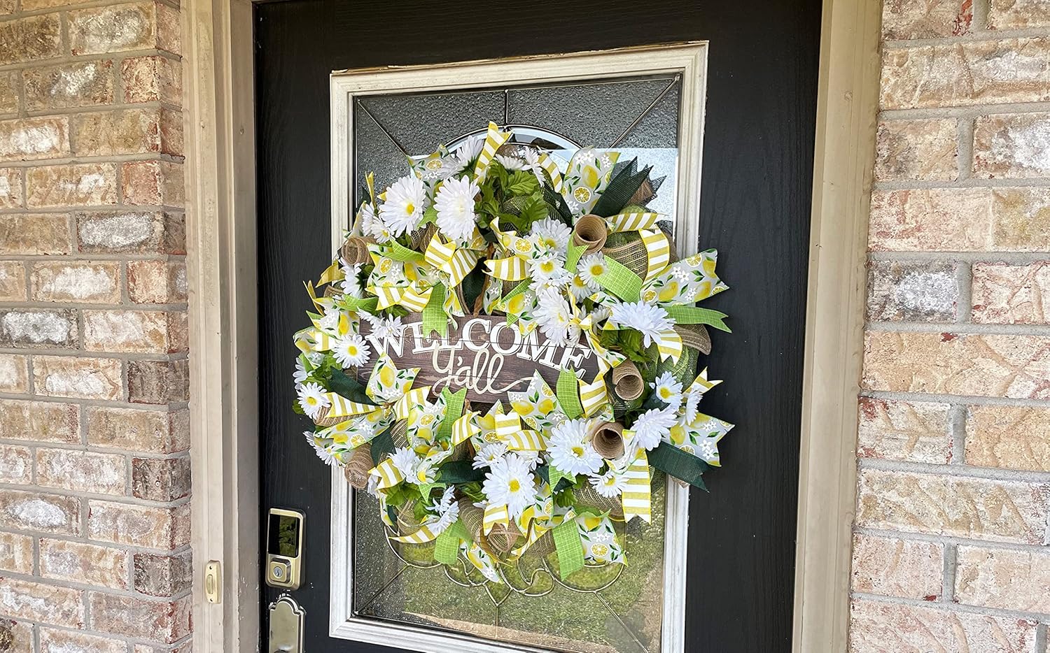 XL Welcome Y’all Lemon & Daisy Summer & Spring Deco Mesh Front Door Wreath, Porch Patio Home Decor, Handmade, Unique Gift Idea for Her