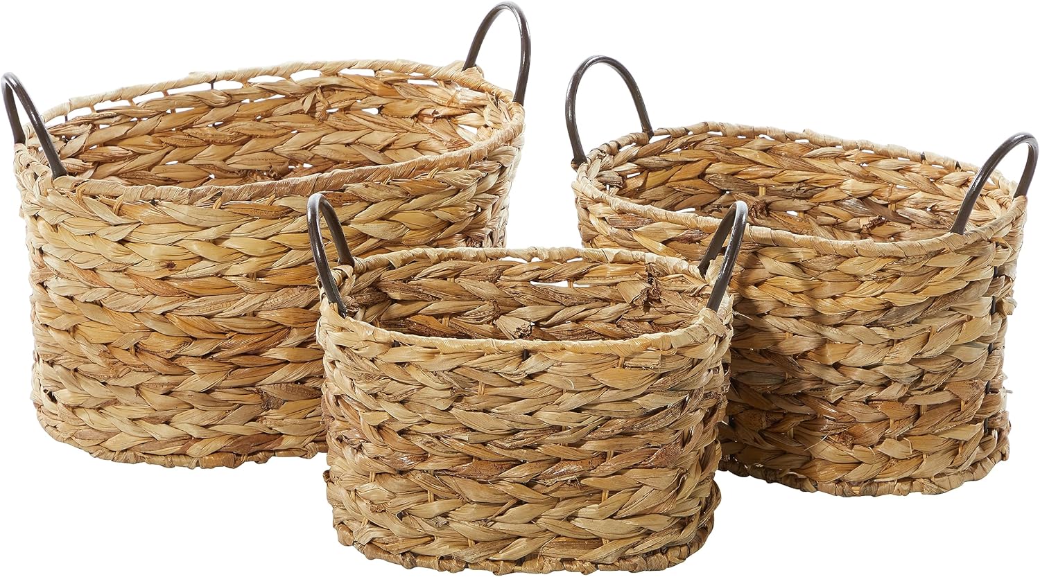 Deco 79 Cesta de almacenamiento ovalada de metal con asas de metal, juego de 3 16 pulgadas, 13 pulgadas, 11 pulgadas de ancho, marrón