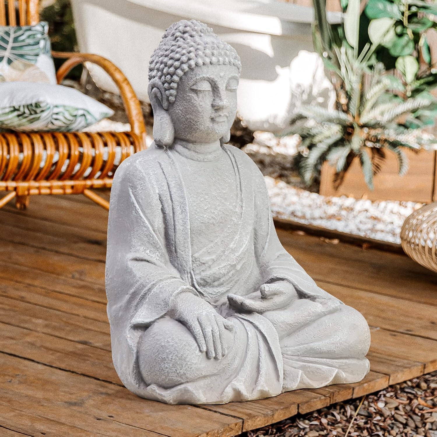 TOETOL Estatua de Buda grande para exteriores, decoración zen mediana de 20 pulgadas de alto, óxido de magnesio, piedra gris para patio, jardín,