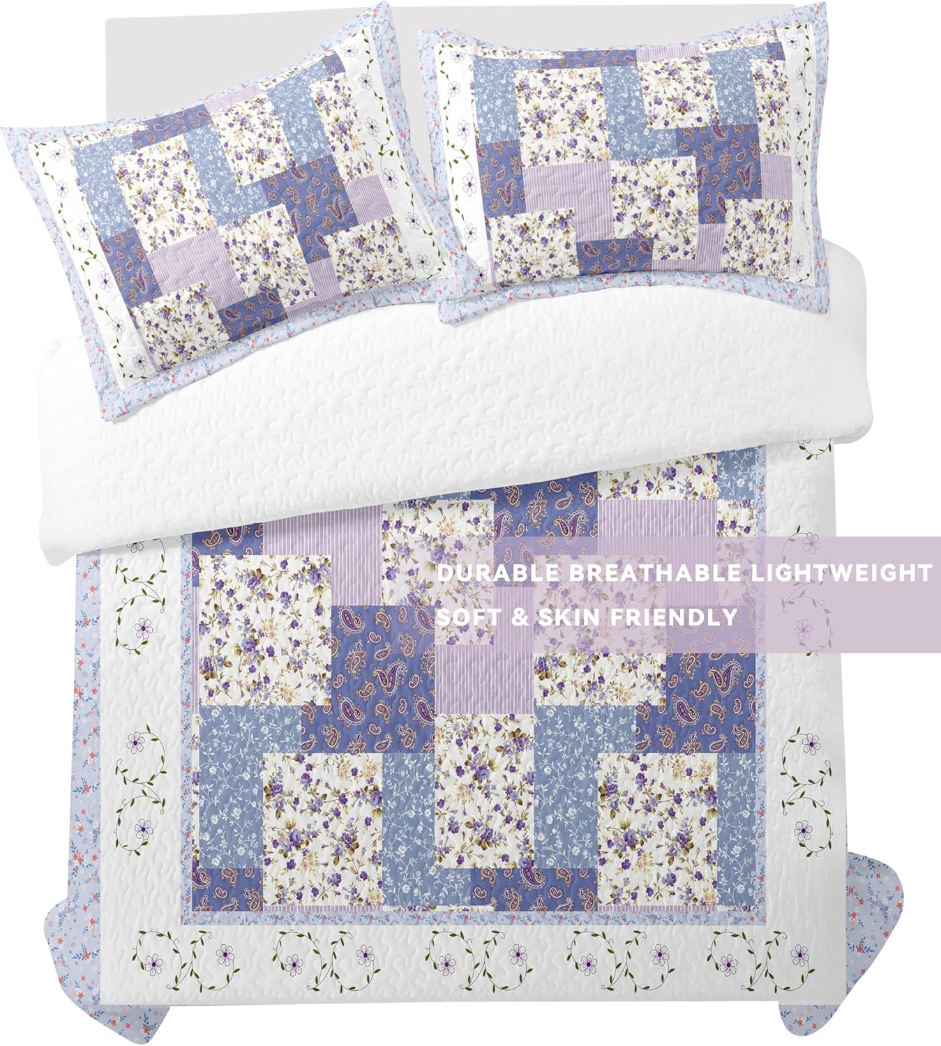 Juego de ropa de cama morada tamaño King  Colchas reversibles de microfibra con 2 fundas de almohada, ropa de cama suave y ligera, colcha de flores,