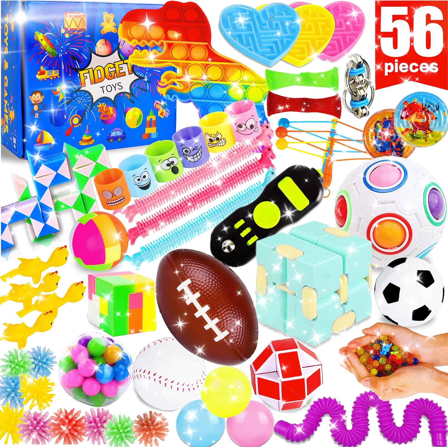 Paquete de 56 juguetes para la ansiedad, juego de recuerdos de fiesta, caja del tesoro para el aula, cofre premio, piñata, autismo, estrés,