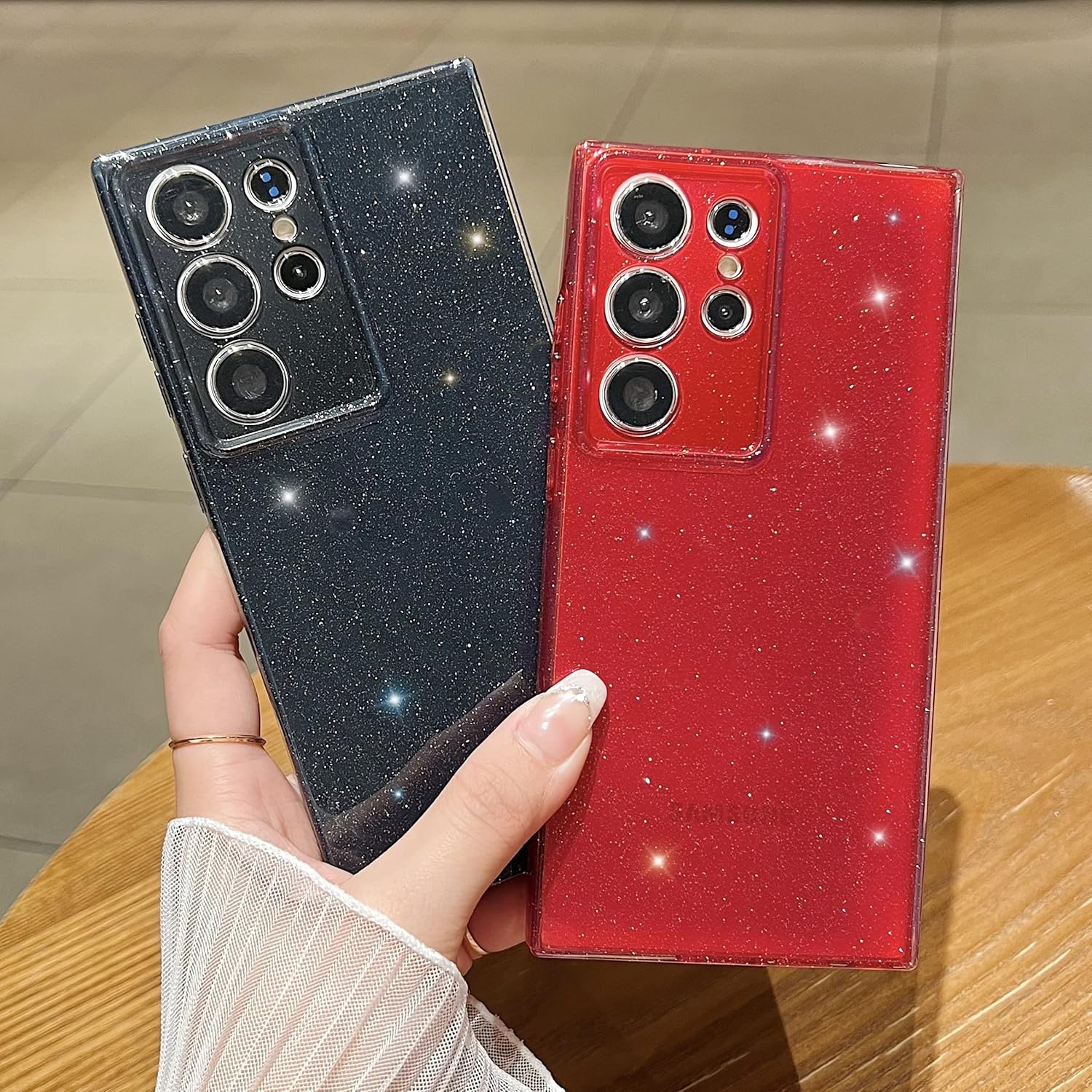 Funda para Samsung Galaxy S23 Ultra, con purpurina negra brillante y linda para niñas y mujeres, esquinas reforzadas de TPU flexible, a prueba de