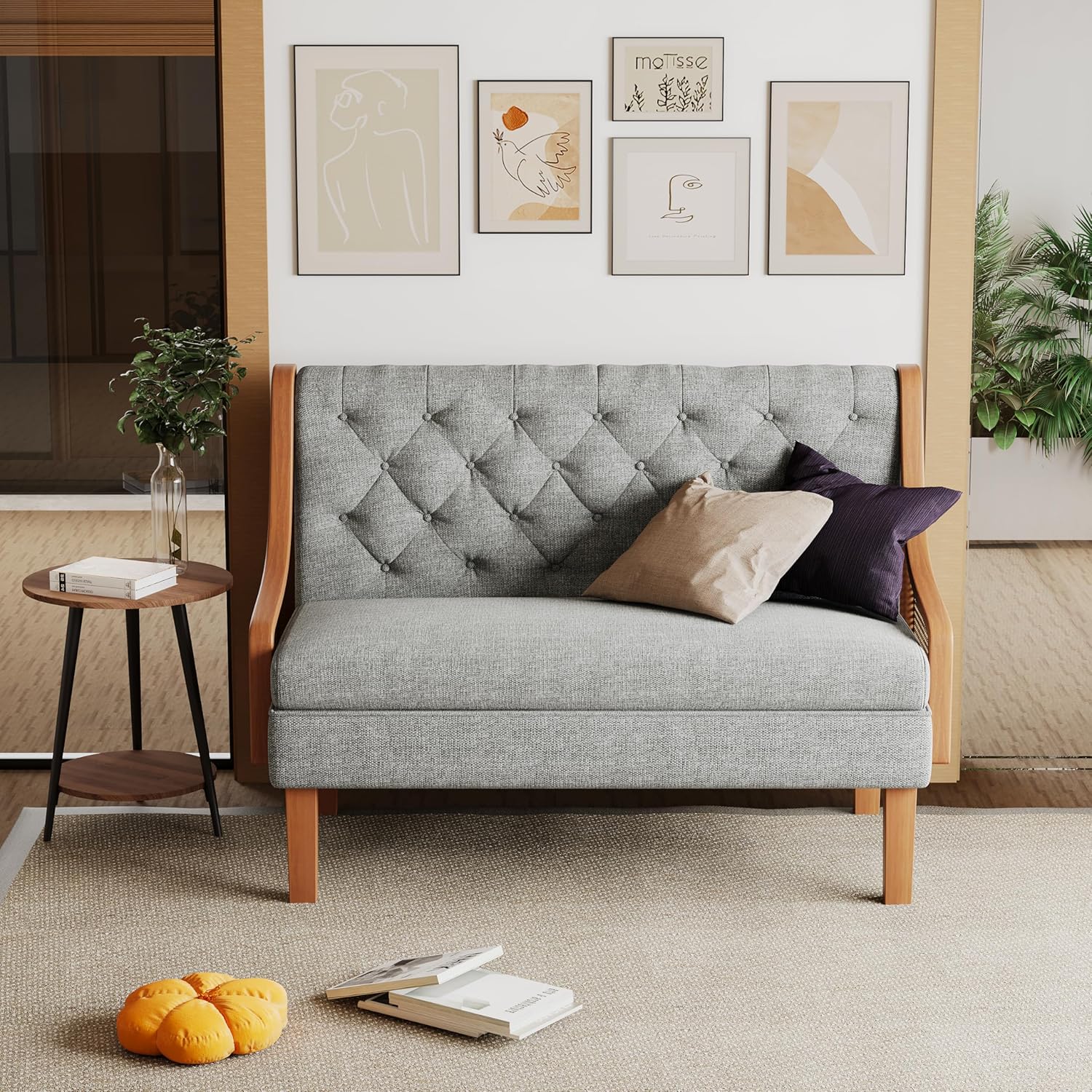 Andeworld Banco de sofá biplaza con brazos de ratán natural, mini sofá tapizado moderno, banco de comedor de banqueta, asiento de amor para sala de