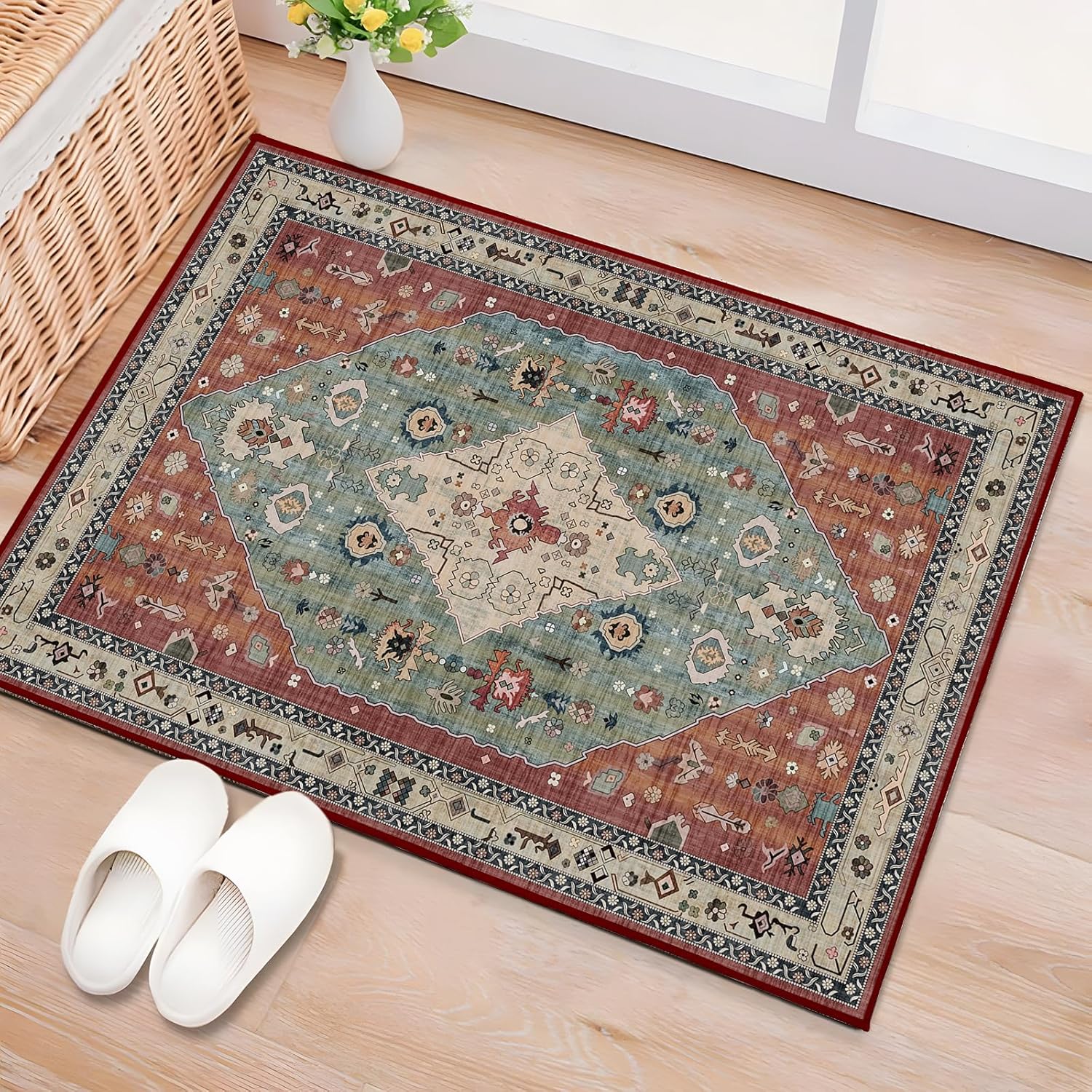 Alfombras de 2 x 3 para entrada, alfombra pequeña lavable antideslizante para puerta de interior para cocina, baño, parte trasera oriental, alfombra