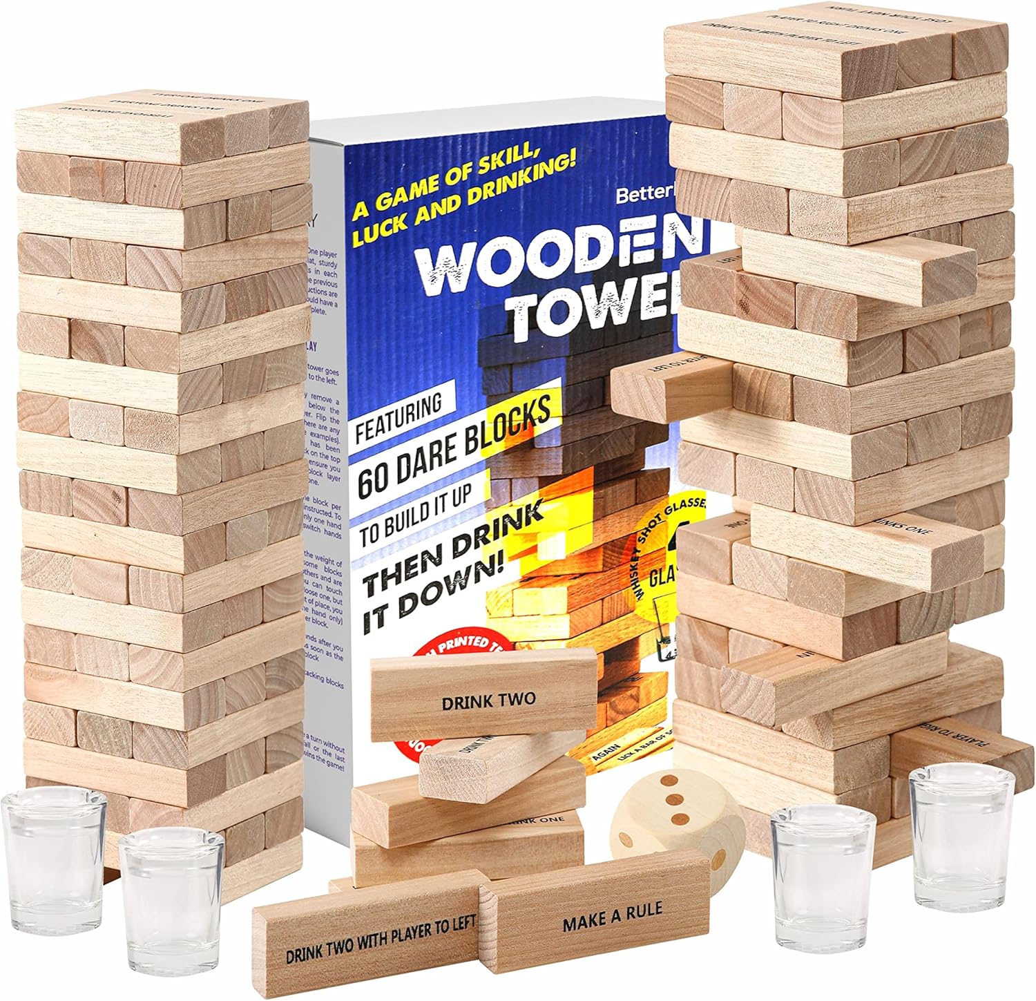 BETTERLINE Juego de madera de bloques apilables para beber  48 piezas  Torre para adultos  Juego de fiesta de amigos, despedida de soltero (60