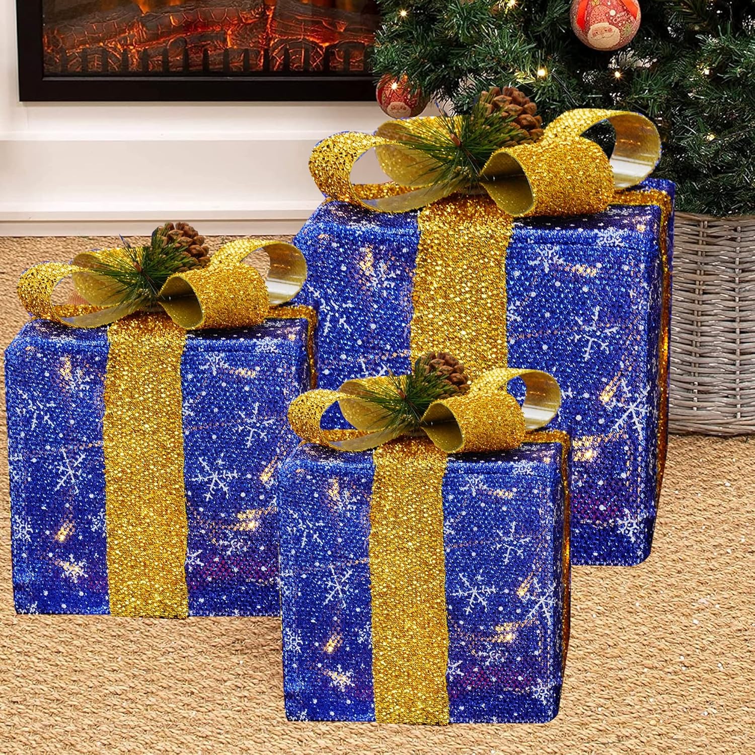 FUNPENY Set of 3 Christmas Lighted Gift Boxes, 50 LED Christmas Box Decorations, Presents Boxes with Ribbon Bows for Xmas Tree, Yard, Home, Indoor