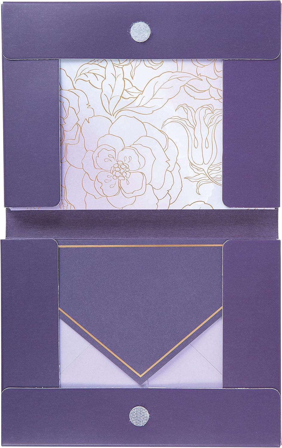 C.R. Gibson CN89-24042 – Juego de tarjetas de felicitación en caja y para todas las ocasiones, 10 tarjetas con 10 sobres, floral dorado y morado