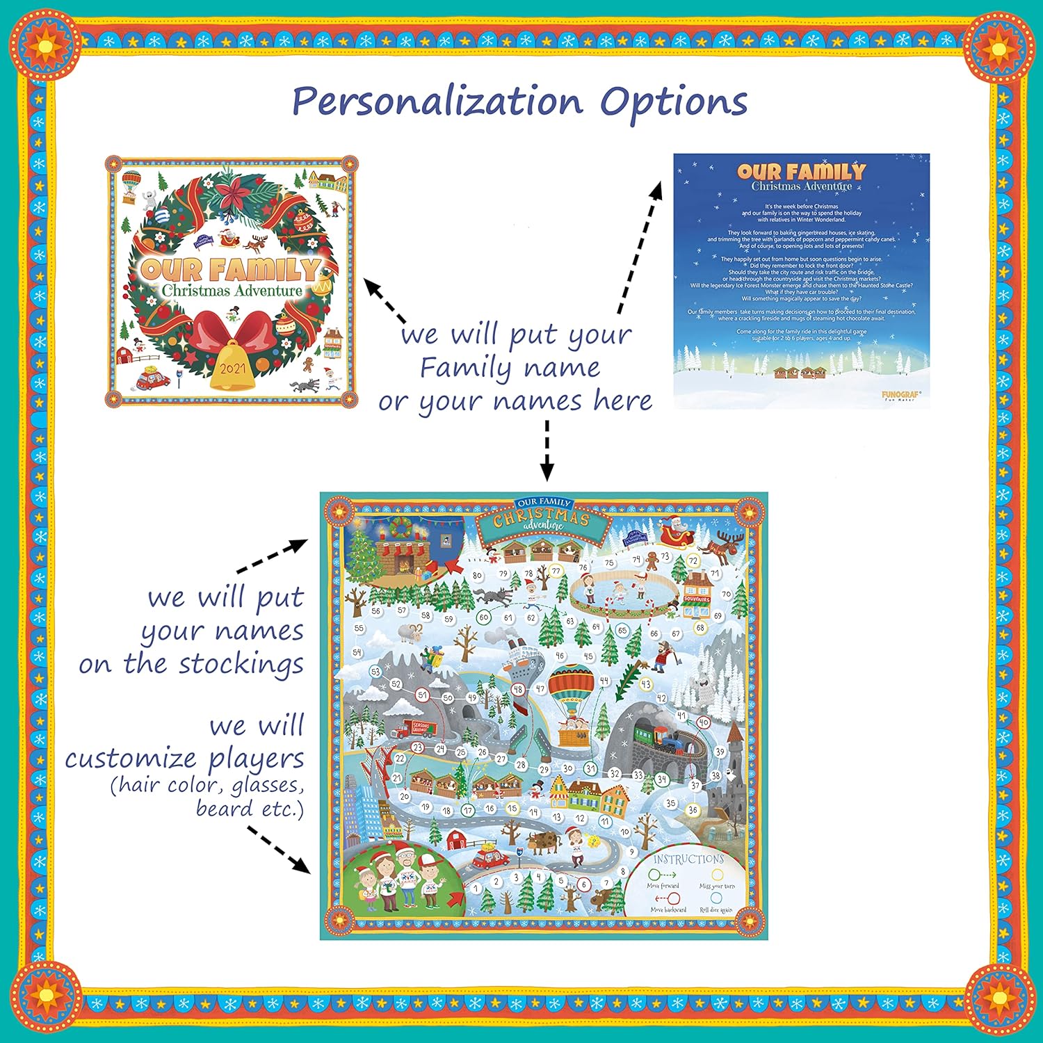 Retro Vintage Style Roll-and-move Board Game Christmas Adventure Personalized Game for Kids and Adults