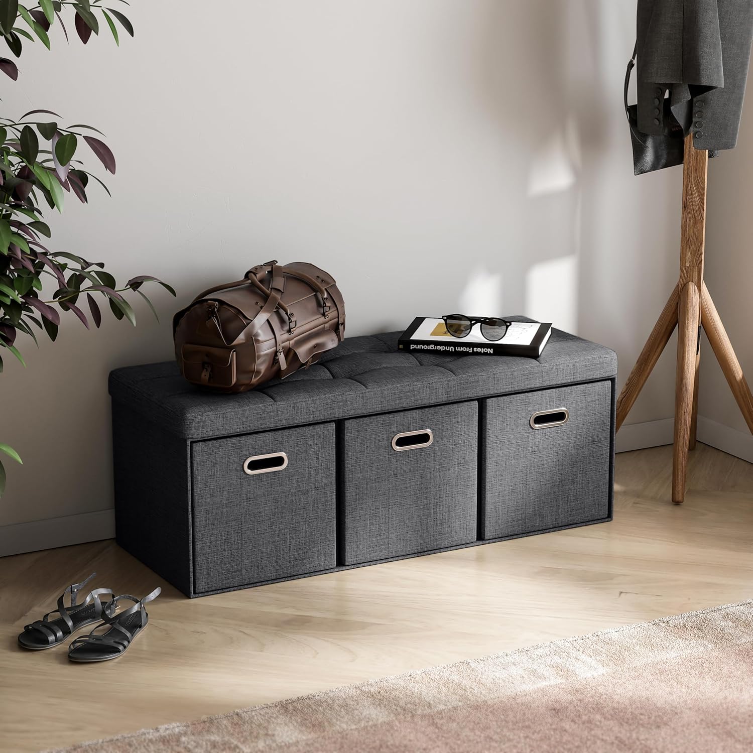 Ornavo Home Taburete otomano plegable de lino con 3 cubos de cajones, 15 x 40 x 15 pulgadas, color negro
