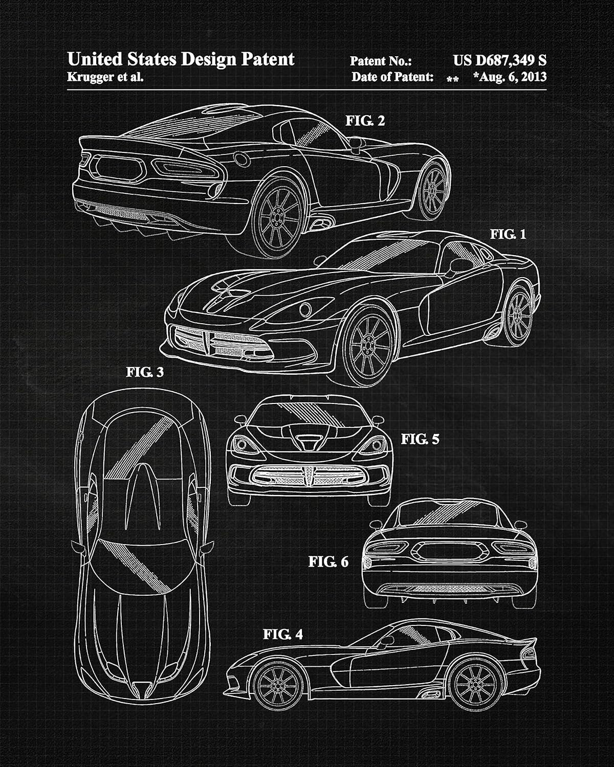Vintage Dodge Viper Hellcat Demon Auto Patent Prints, 4 (8×10) Unframed Photos, Wall Art Decor Gifts Under 20 for Home Office Man Cave Engine Garage
