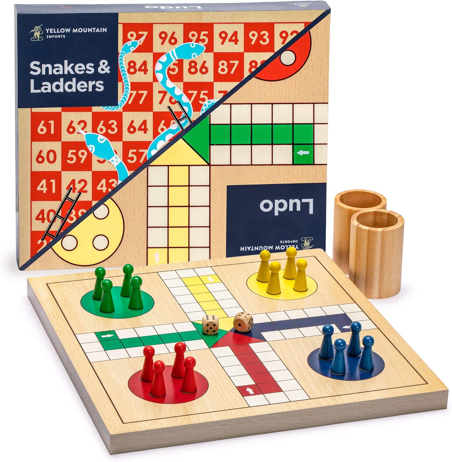 Yellow Mountain Imports Classic Games Bundle – Serpientes y escaleras de madera reversibles 2 en 1, juego de Ludo (11.3 pulgadas) y Ludo reversible
