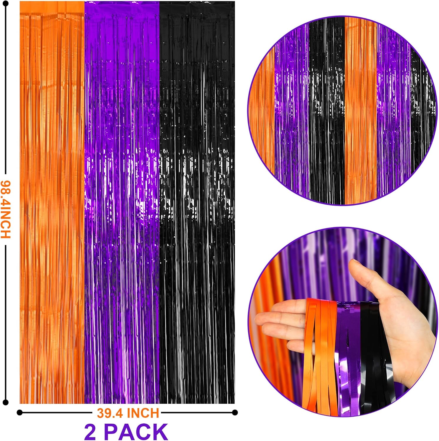 2 Packs 3.3ft x 8.2ft Halloween Orange Purple Black Tinsel Foil Fringe Curtains, Metallic Foil Curtains for Home Outdoor Halloween Party Photo Booth