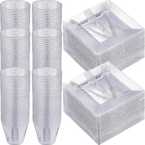 Mifoci Juego de vajilla desechable de plástico de 300 piezas para fiestas, 100 platos de plástico con purpurina de 6.5 pulgadas con 100 tenedores de Mifoci Juego de vajilla desechable de plástico de 300 piezas para fiestas, 100 platos de plástico con purpurina de 6.5 pulgadas con 100 tenedores de