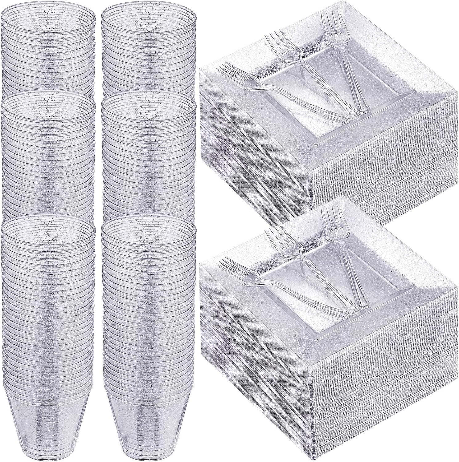 Mifoci Juego de vajilla desechable de plástico de 300 piezas para fiestas, 100 platos de plástico con purpurina de 6.5 pulgadas con 100 tenedores de