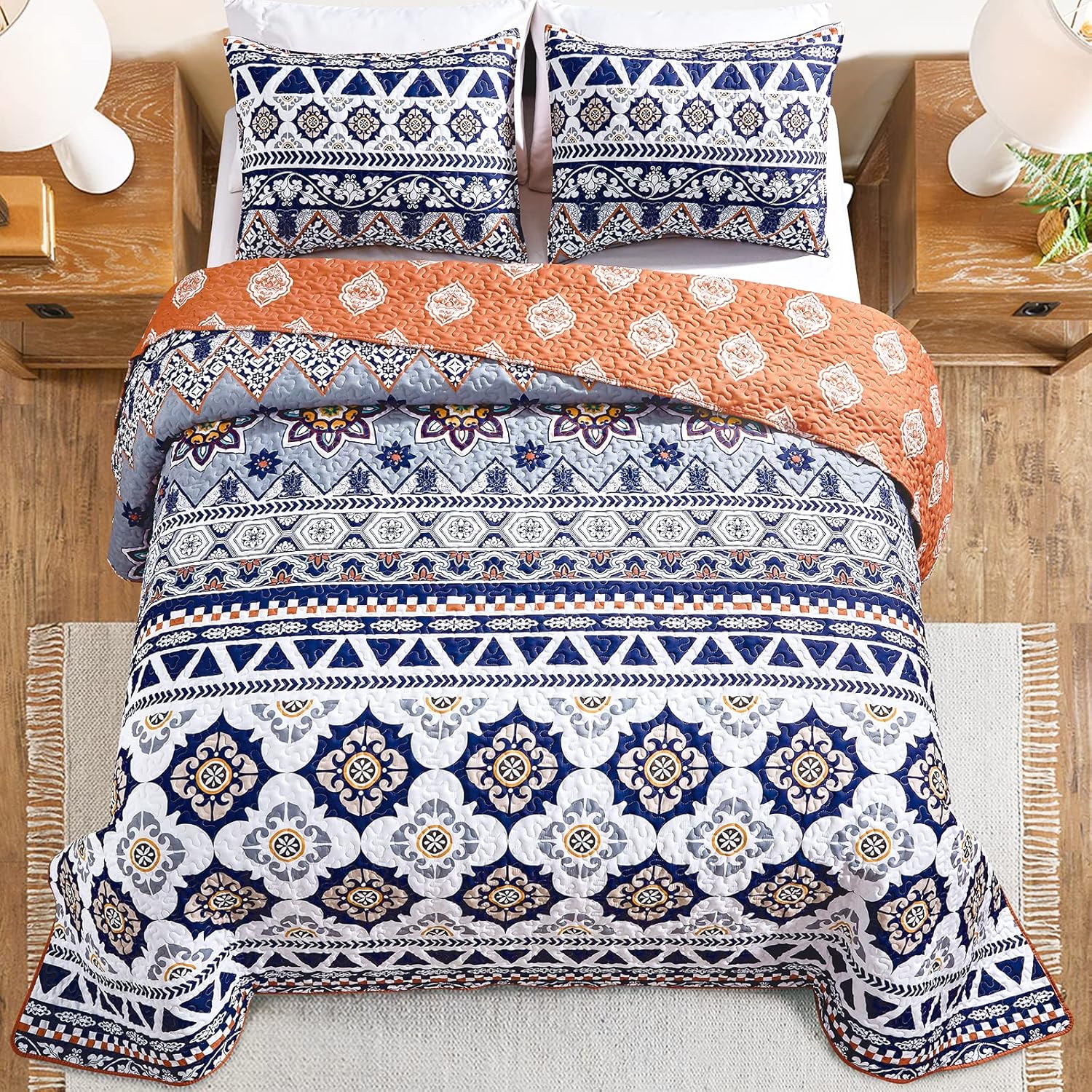 Juego de ropa de cama de lujo de 2 piezas tamaño individual, elegante y reversible, con funda de almohada, colcha a rayas bohemias, colcha de