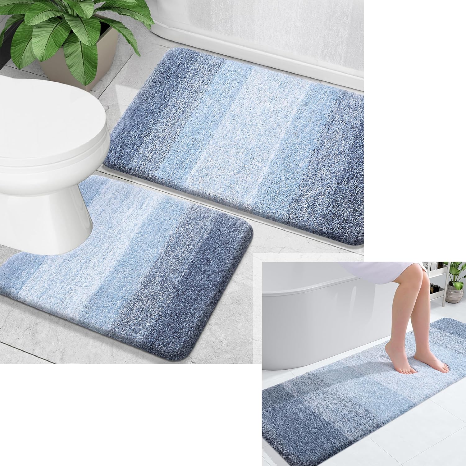 OLANLY Juego de 2 alfombras de baño y alfombras de baño ombré, tamaño 59 x 20 pulgadas y juego de alfombras de baño 30 x 20 + 24 x 20 pulgadas,