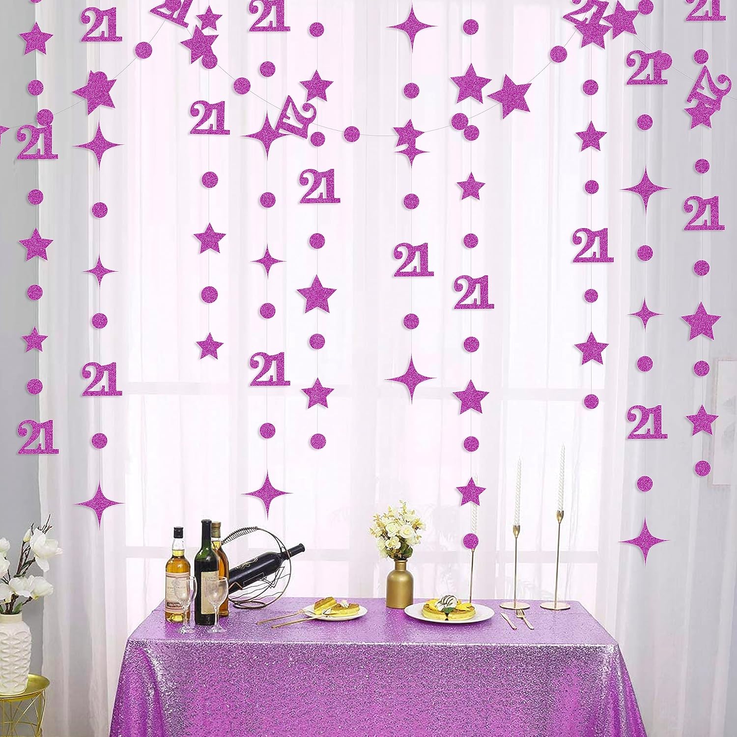 Guirnalda de estrellas centelleantes con el número 21 de color morado con purpurina para colgar en banderines, decoración de telón de fondo para