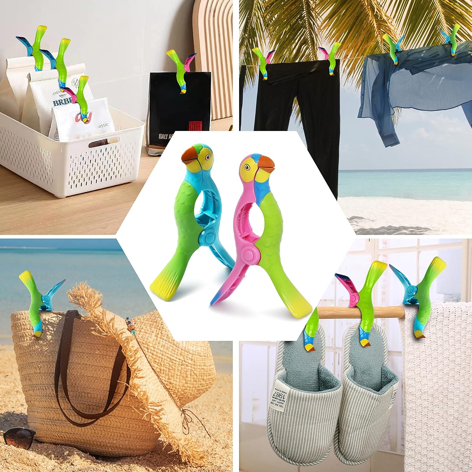 Kaluofan 4 clips de toalla para sillas, clips fuertes para toallas, accesorios de playa con forma de loro vívido (azul + rosa)