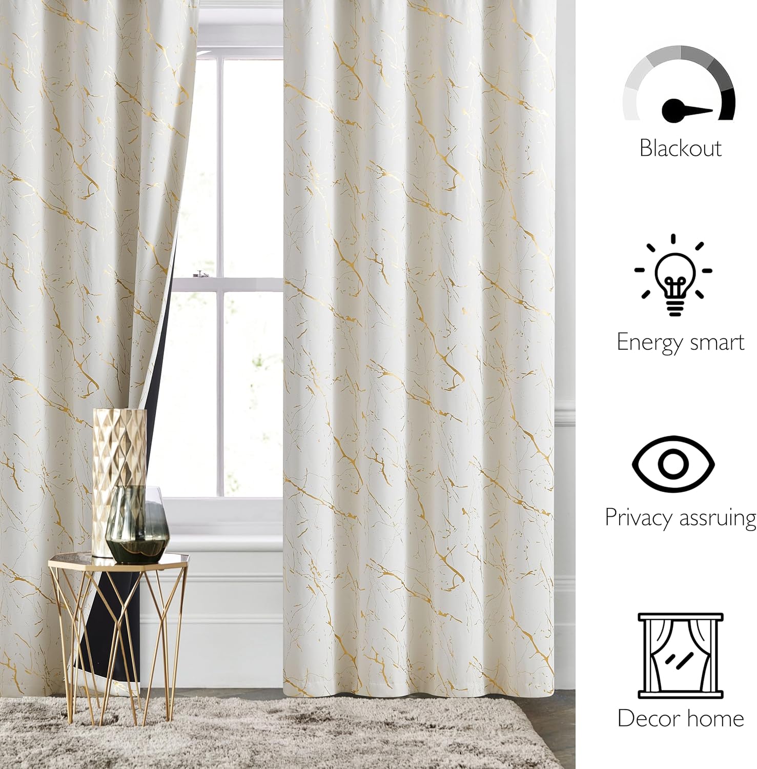 Metro Parlor Cortinas 100% opacas de mármol metálico dorado beige de 84 pulgadas de largo, tratamiento de ventana para dormitorio, aislamiento